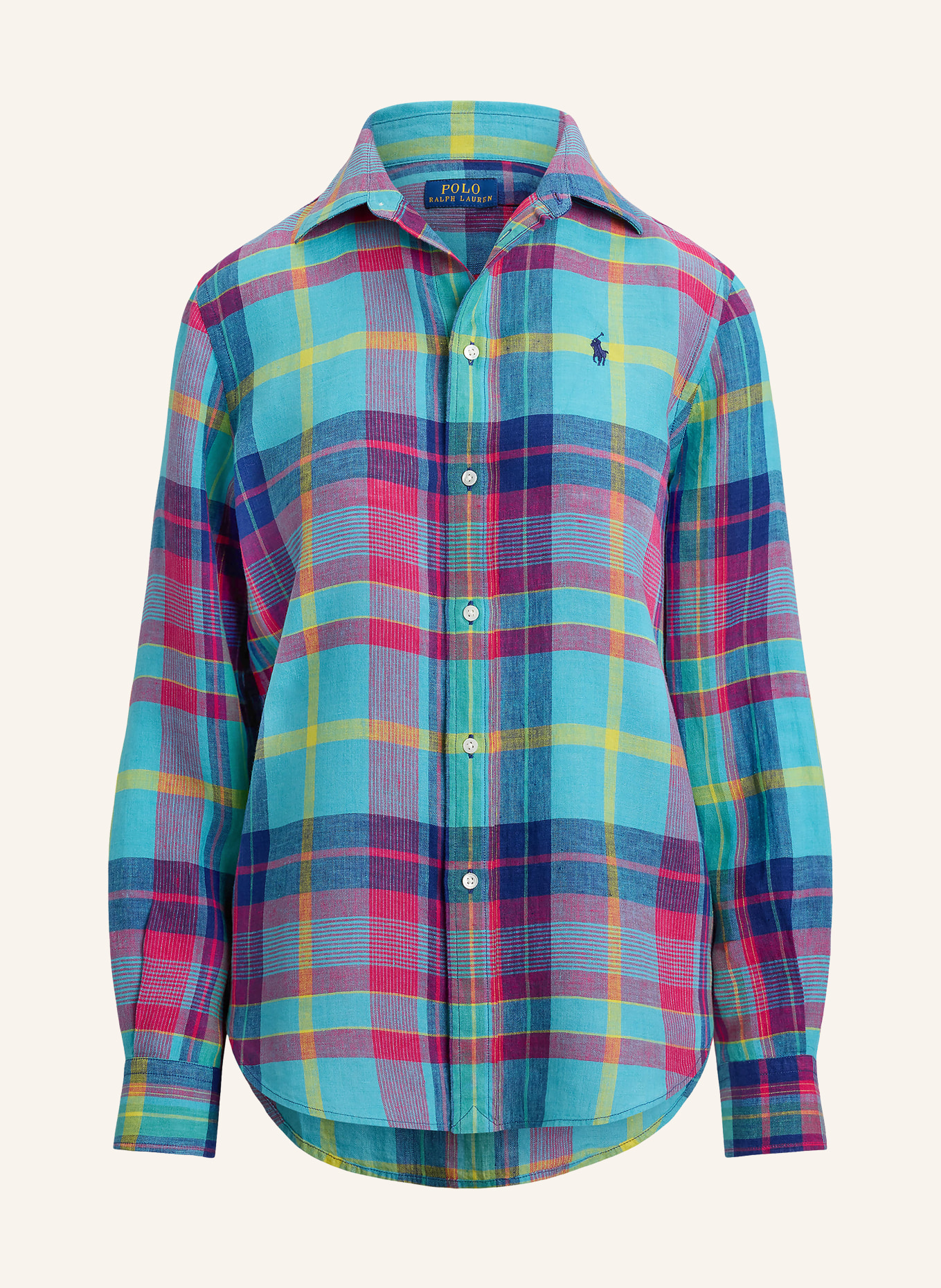 POLO RALPH LAUREN Linen shirt blouse: TURQUOISE / DARK RED / DARK BLUE