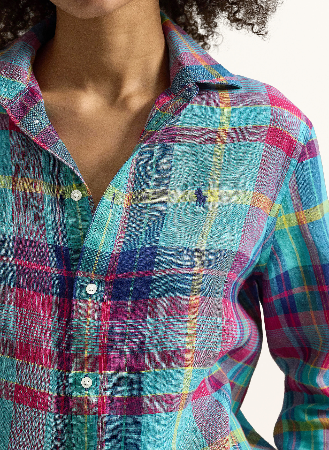 POLO RALPH LAUREN Linen shirt blouse: TURQUOISE / DARK RED / DARK BLUE