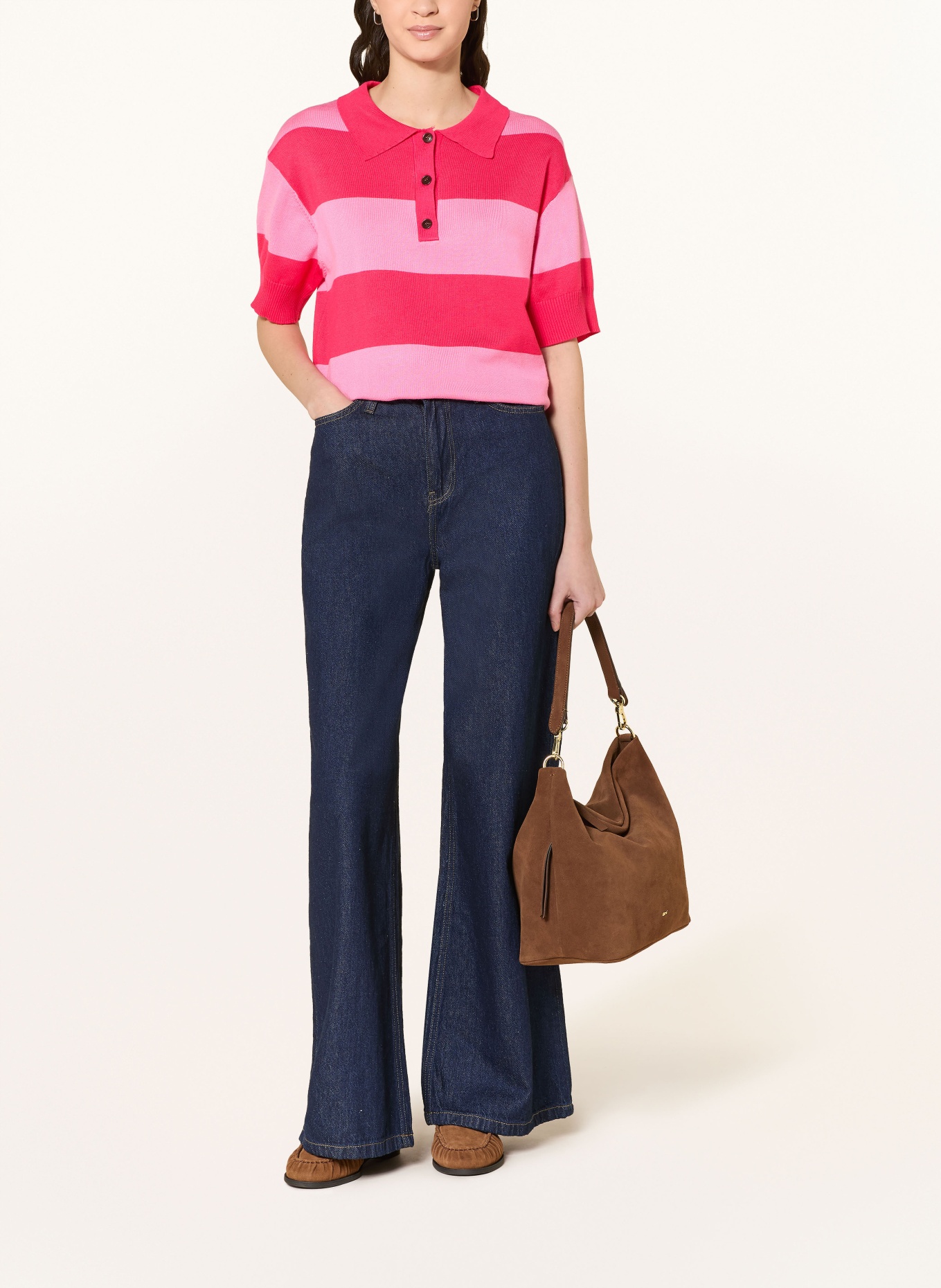 ICHI Pletené polo tričko IHLULS: ČERVENÁ / RŮŽOVÁ