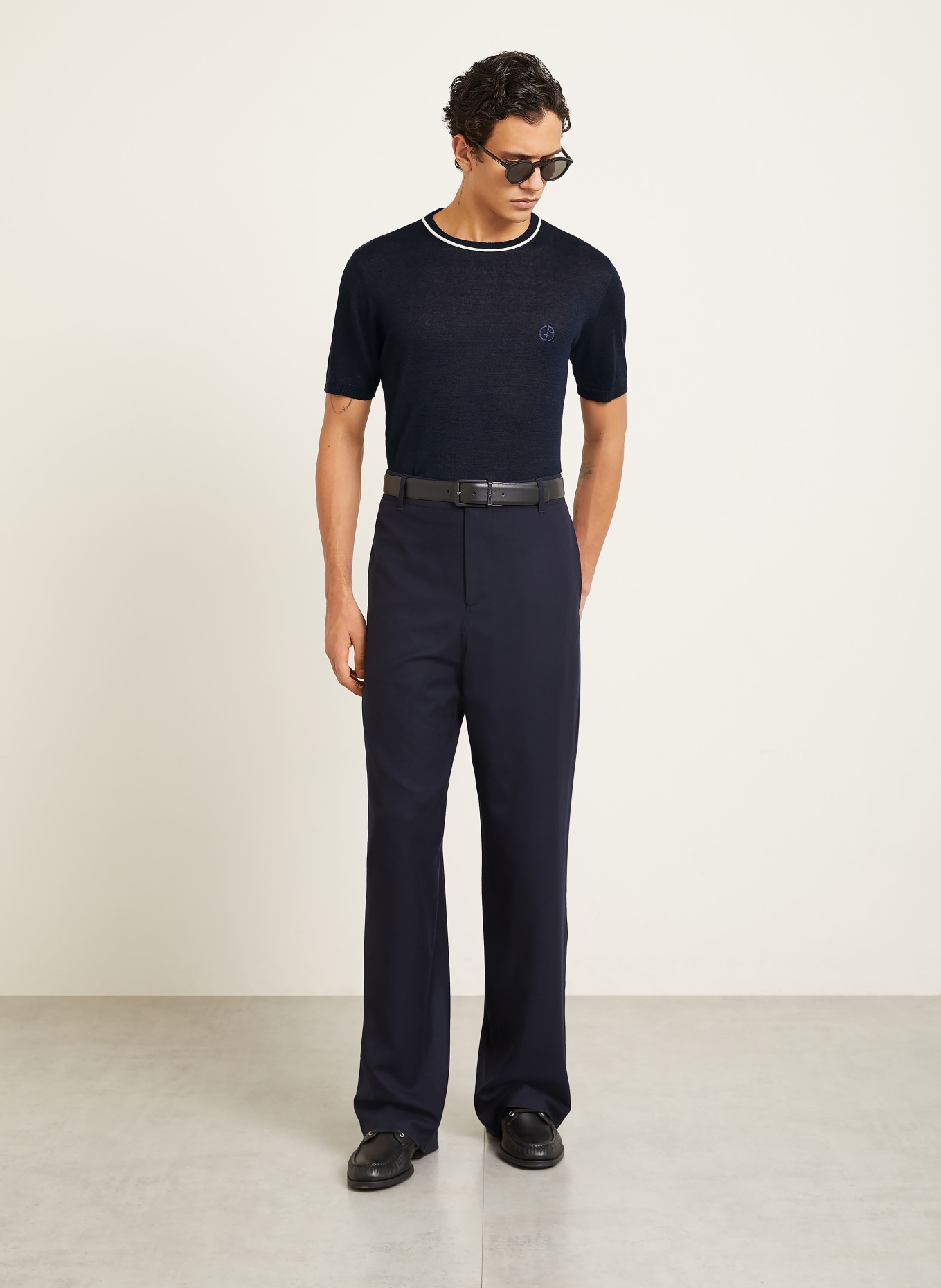 GIORGIO ARMANI Strickshirt aus Leinen mit Seide: DUNKELBLAU / ECRU