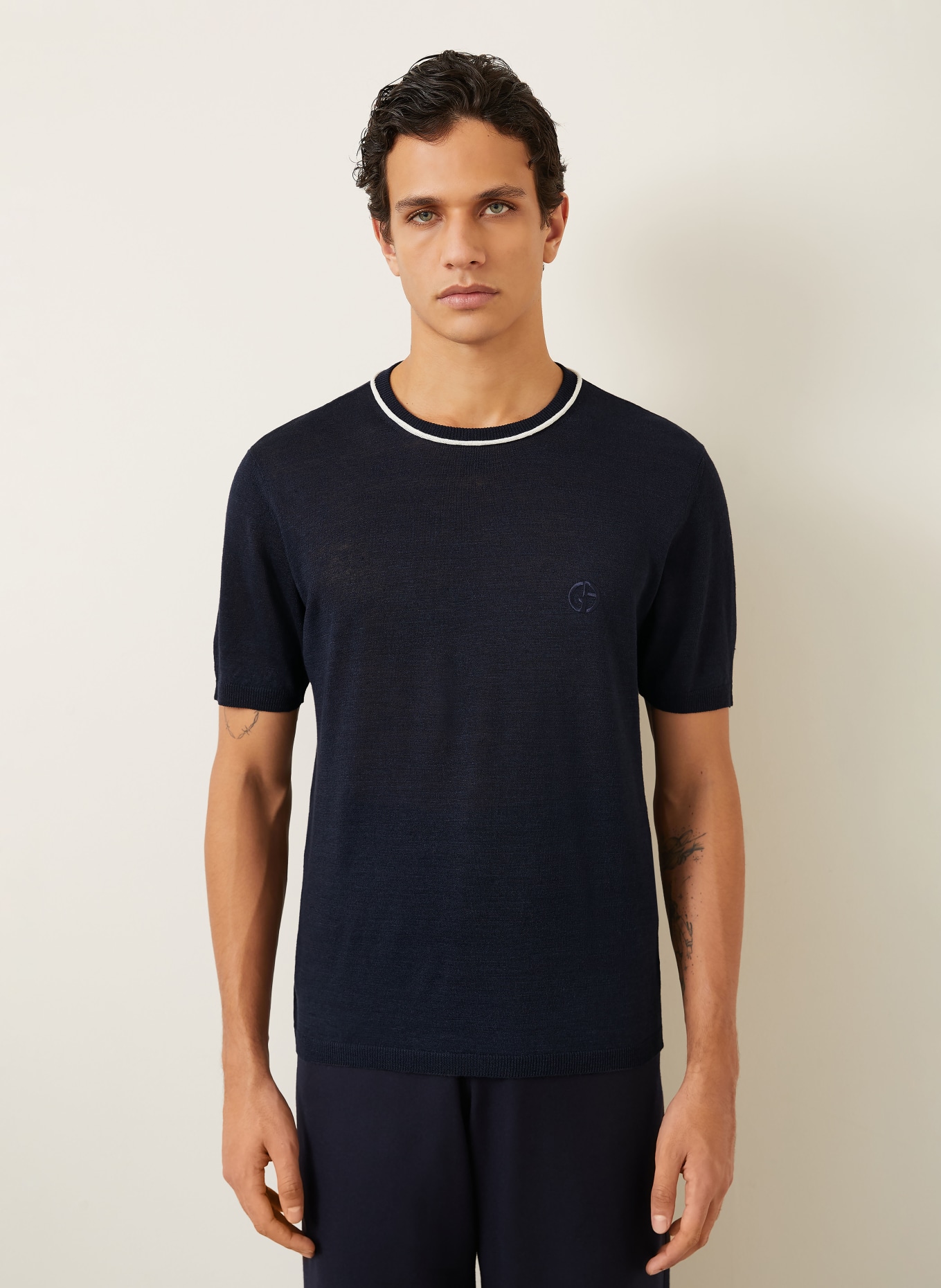 GIORGIO ARMANI Strickshirt aus Leinen mit Seide: DUNKELBLAU / ECRU