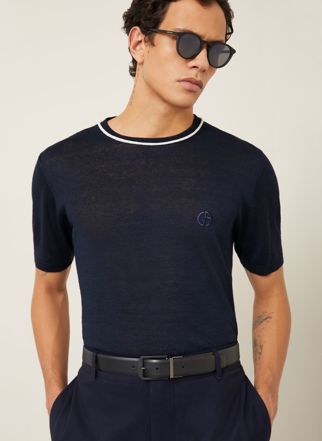 GIORGIO ARMANI Strickshirt aus Leinen mit Seide: DUNKELBLAU / ECRU