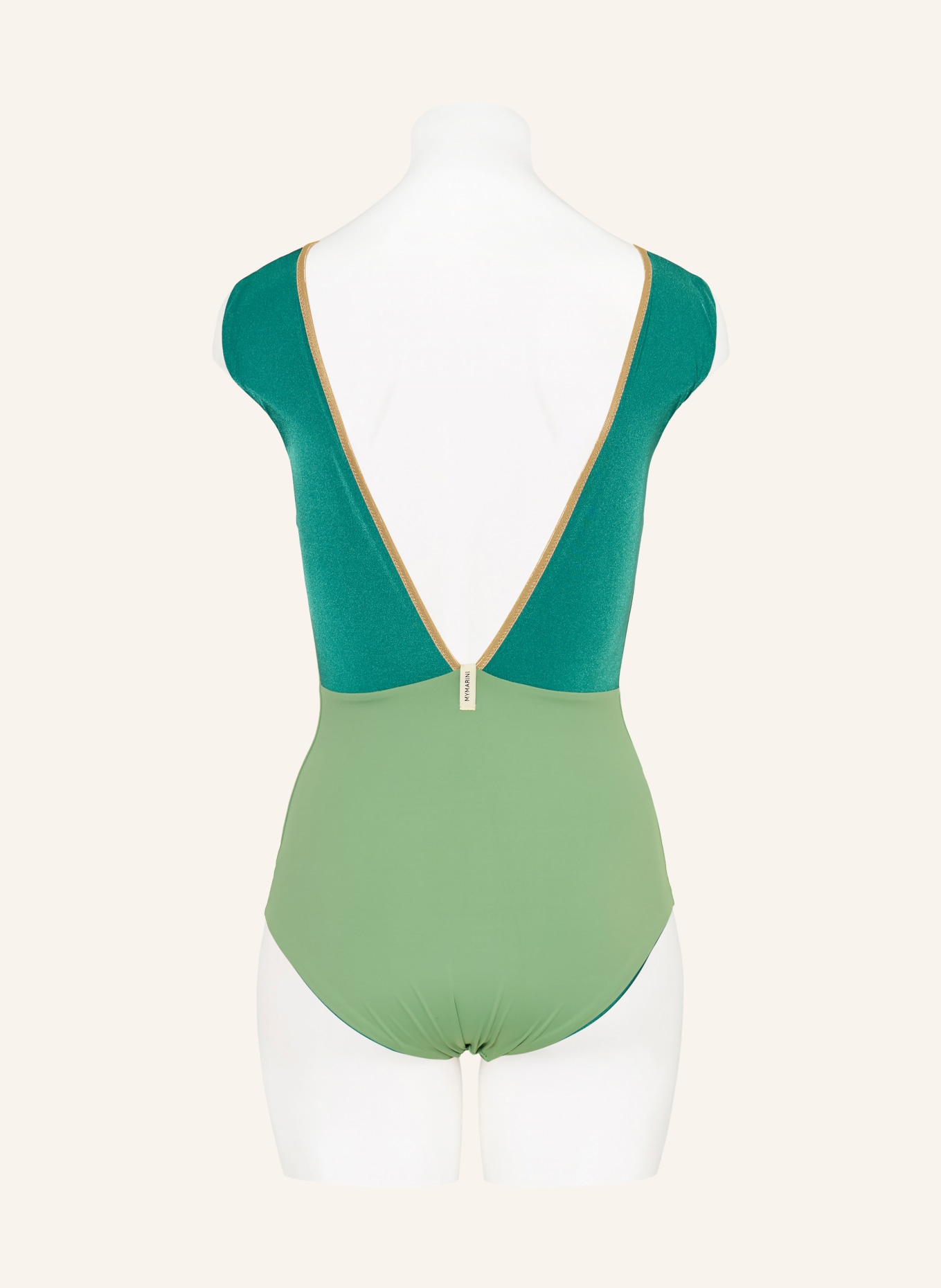 MYMARINI High-Neck-Badeanzug SEABODY SHINE zum Wenden mit UV-Schutz 50+: PETROL / GOLD / HELLGRÜN