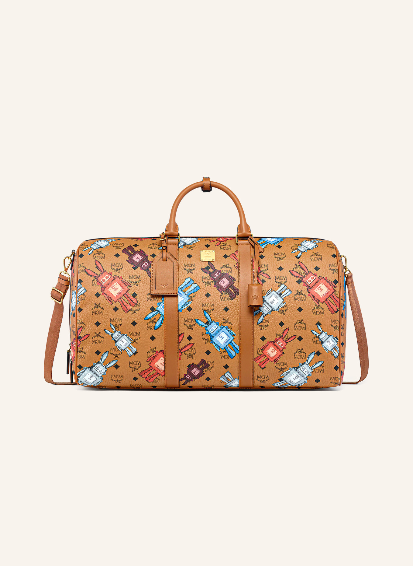 MCM OTTOMAR XL weekend bag: COGNAC / RED / BLUE