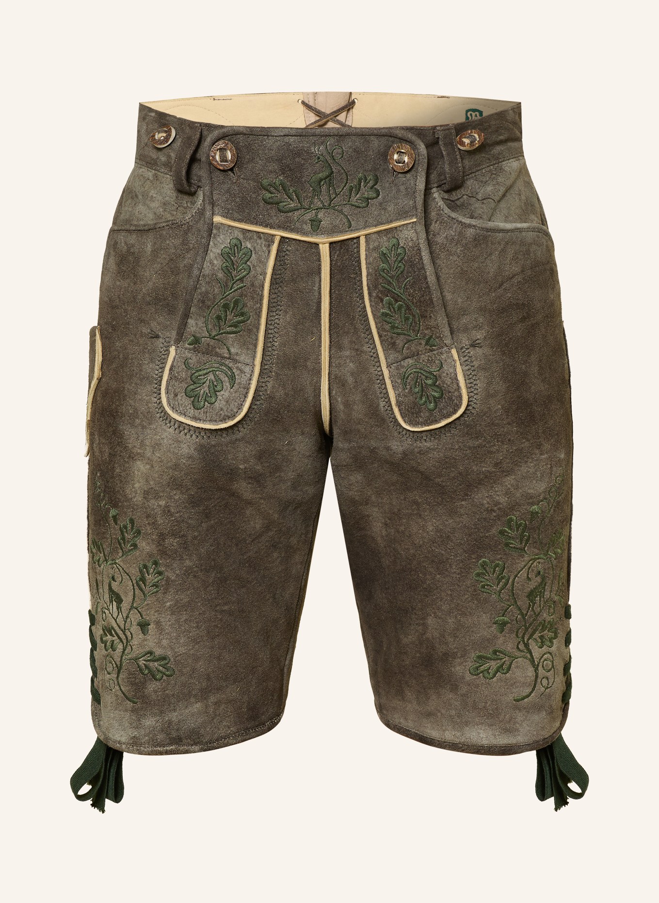 BECKERT Tradycyjne skórzane spodnie SAALDORF: SZAROBRĄZOWY / CIEMNOZIELONY