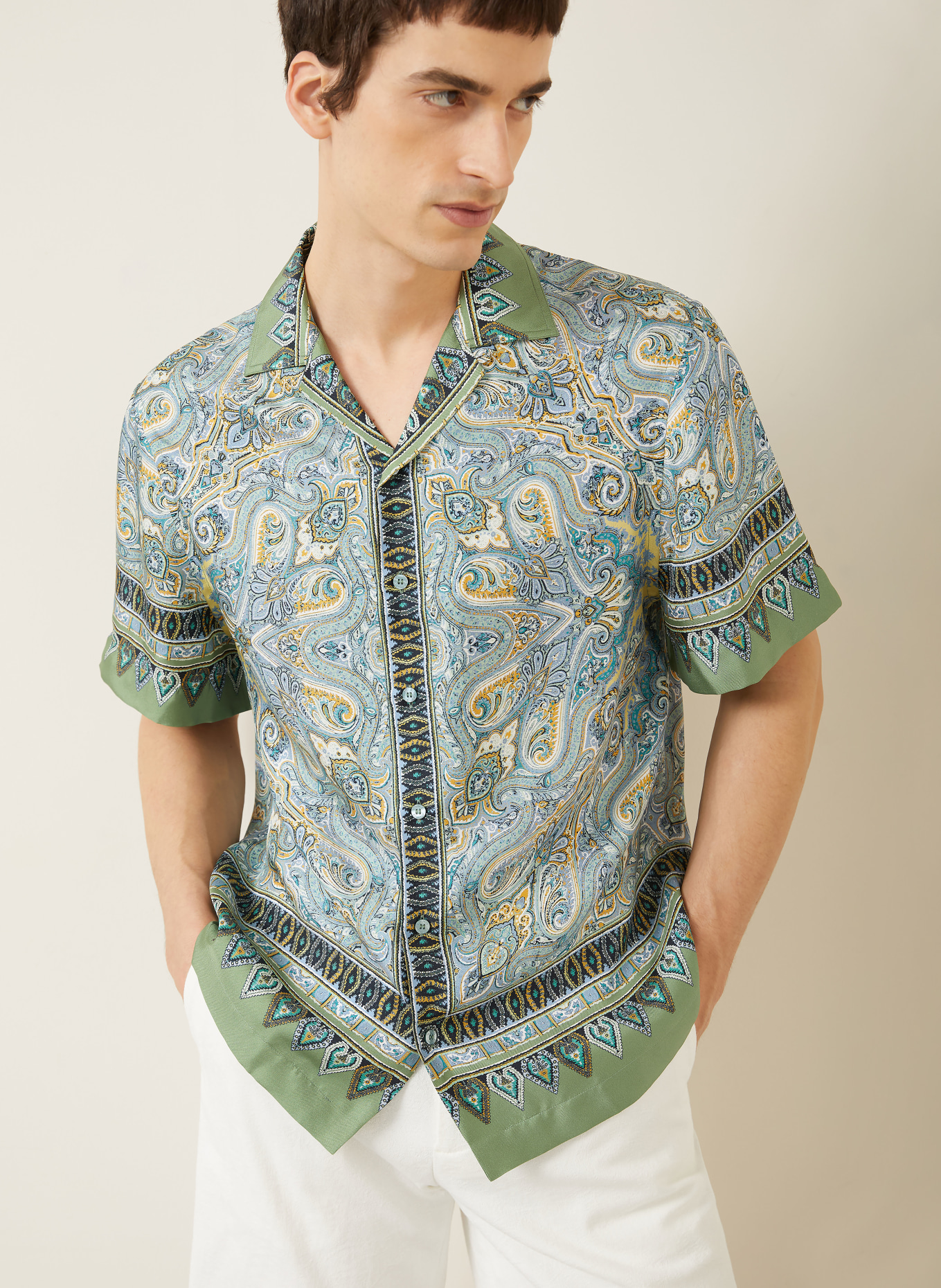 ETRO Comfort fit silk resort shirt: BLUE GRAY / OLIVE