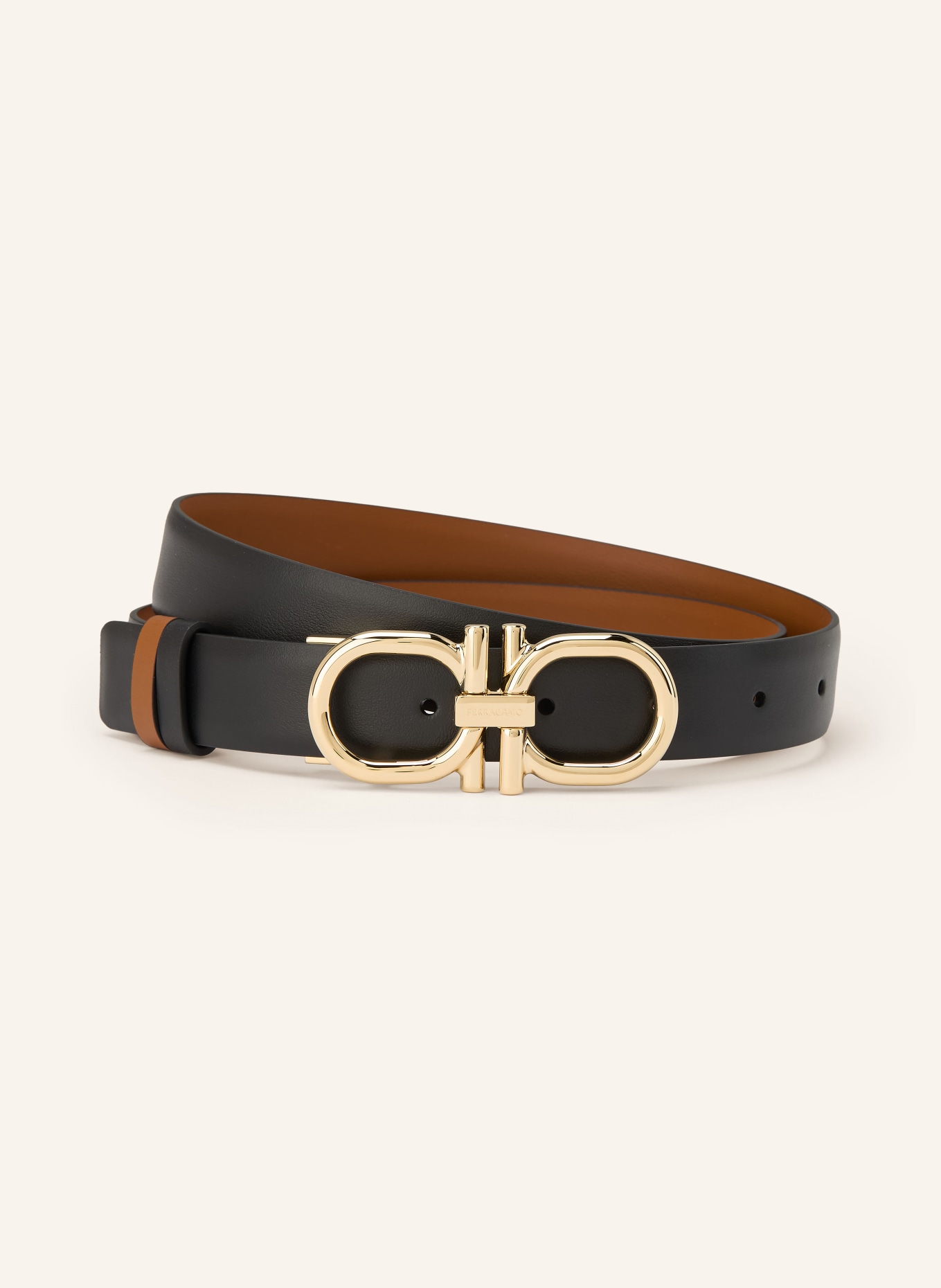 FERRAGAMO Reversible leather belt: BLACK / GOLD / COGNAC