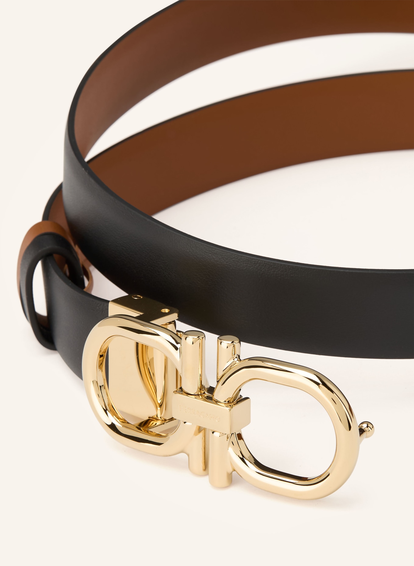 FERRAGAMO Reversible leather belt: BLACK / GOLD / COGNAC