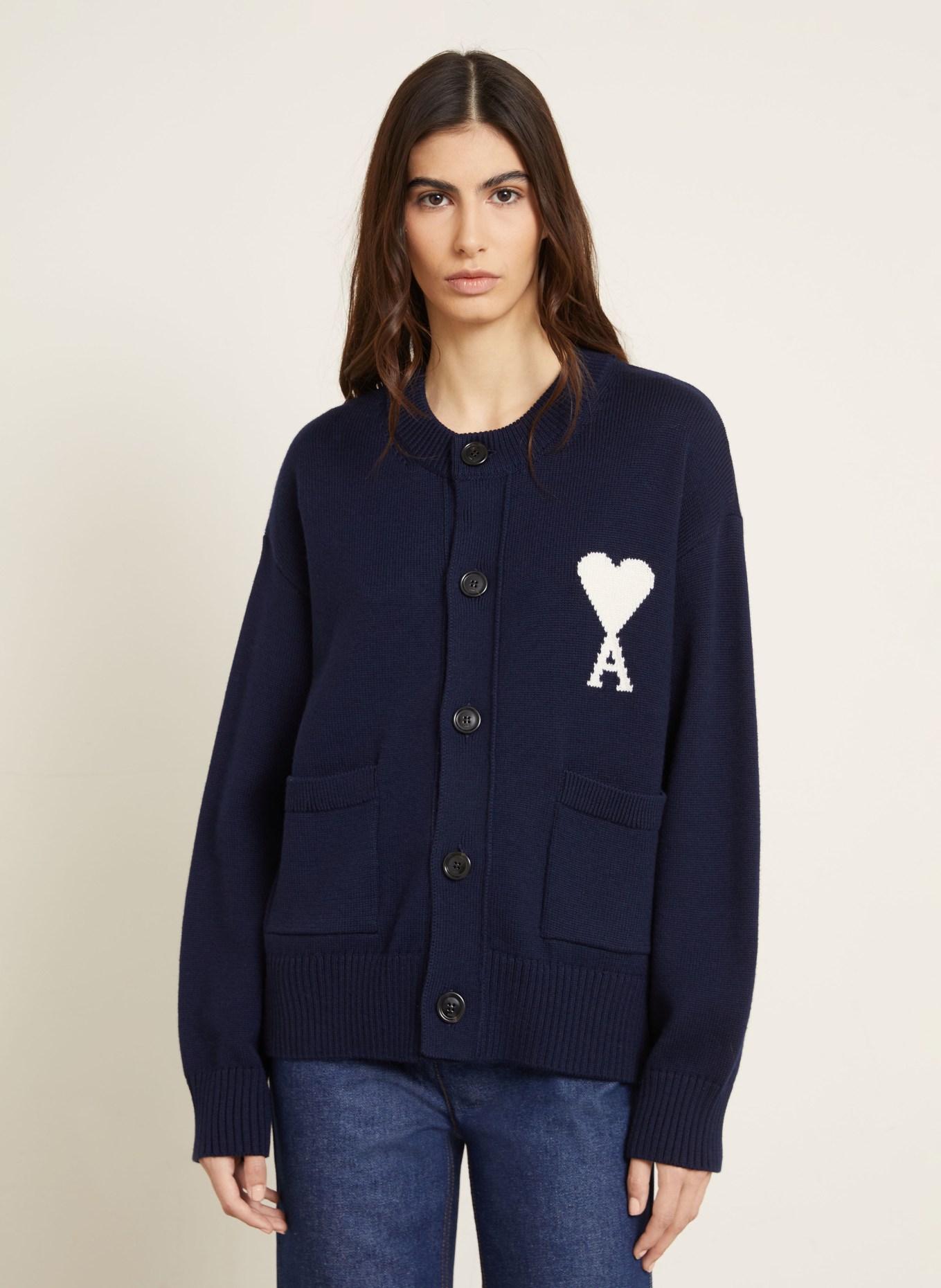 AMI PARIS cardigan: BLEU FONCÉ / BLANC