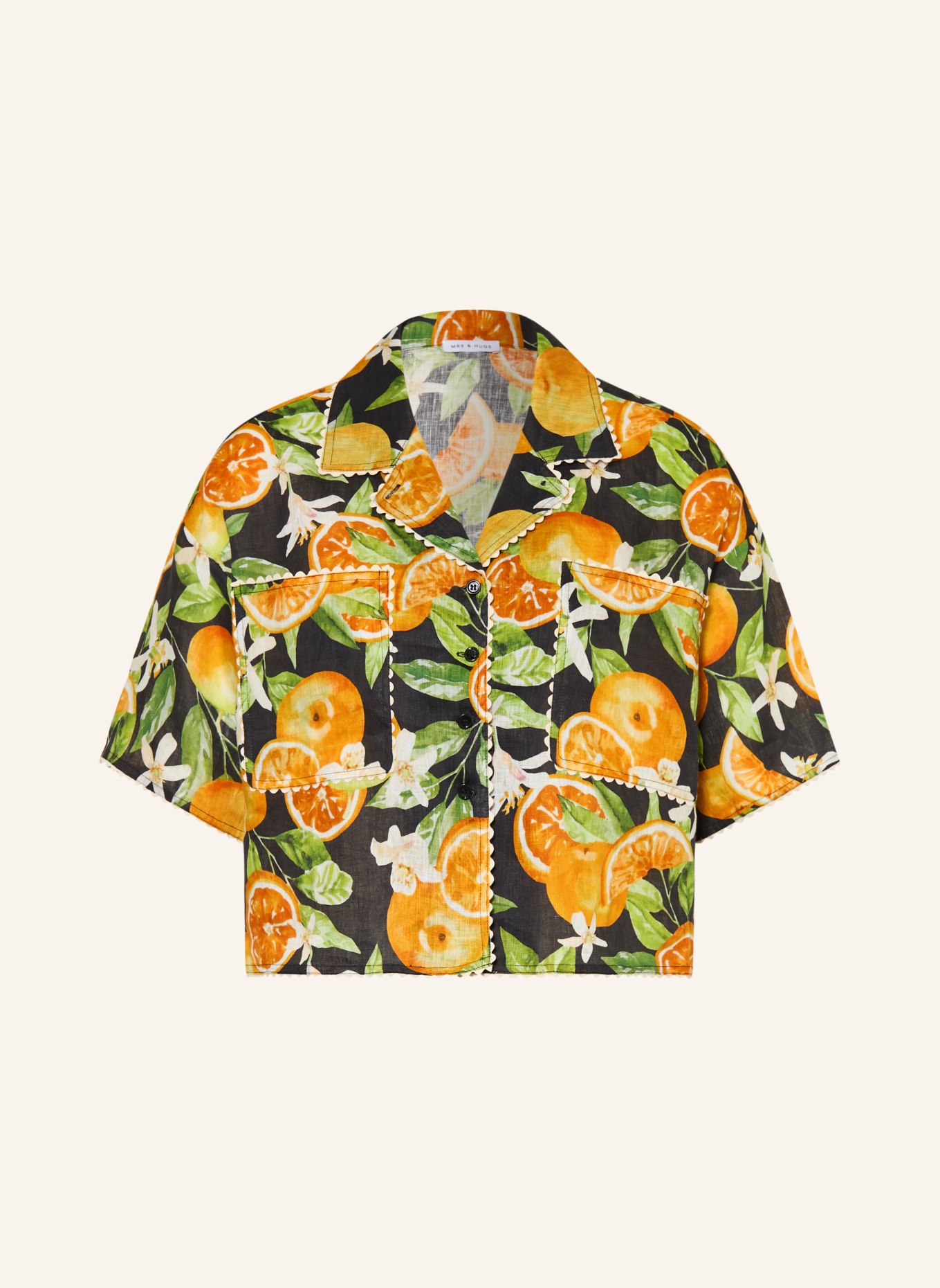 MRS & HUGS Linnen blouse: ZWART / ORANJE / GROEN