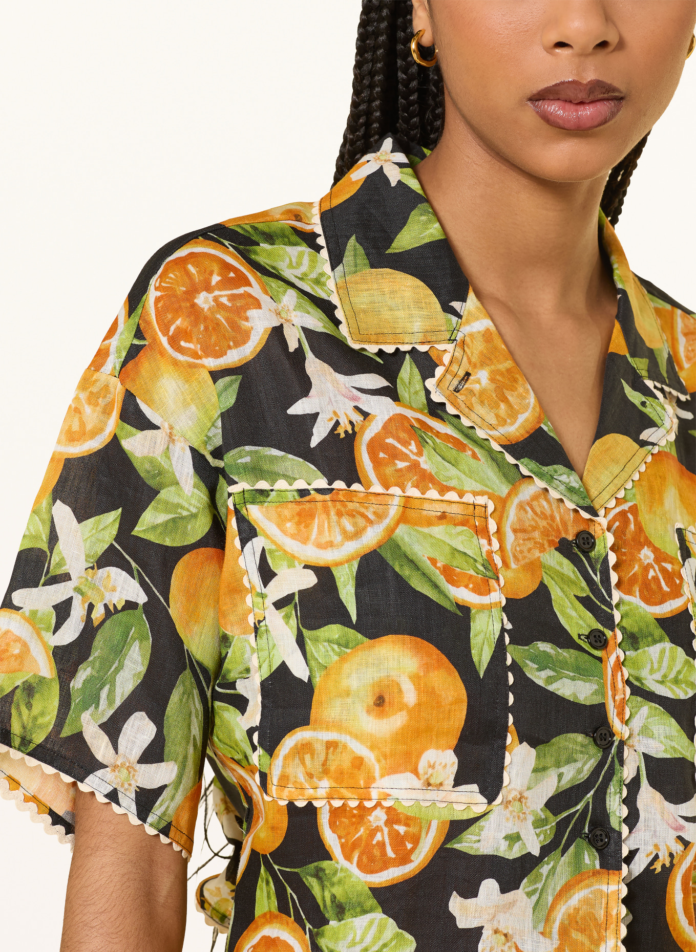 MRS & HUGS Linnen blouse: ZWART / ORANJE / GROEN