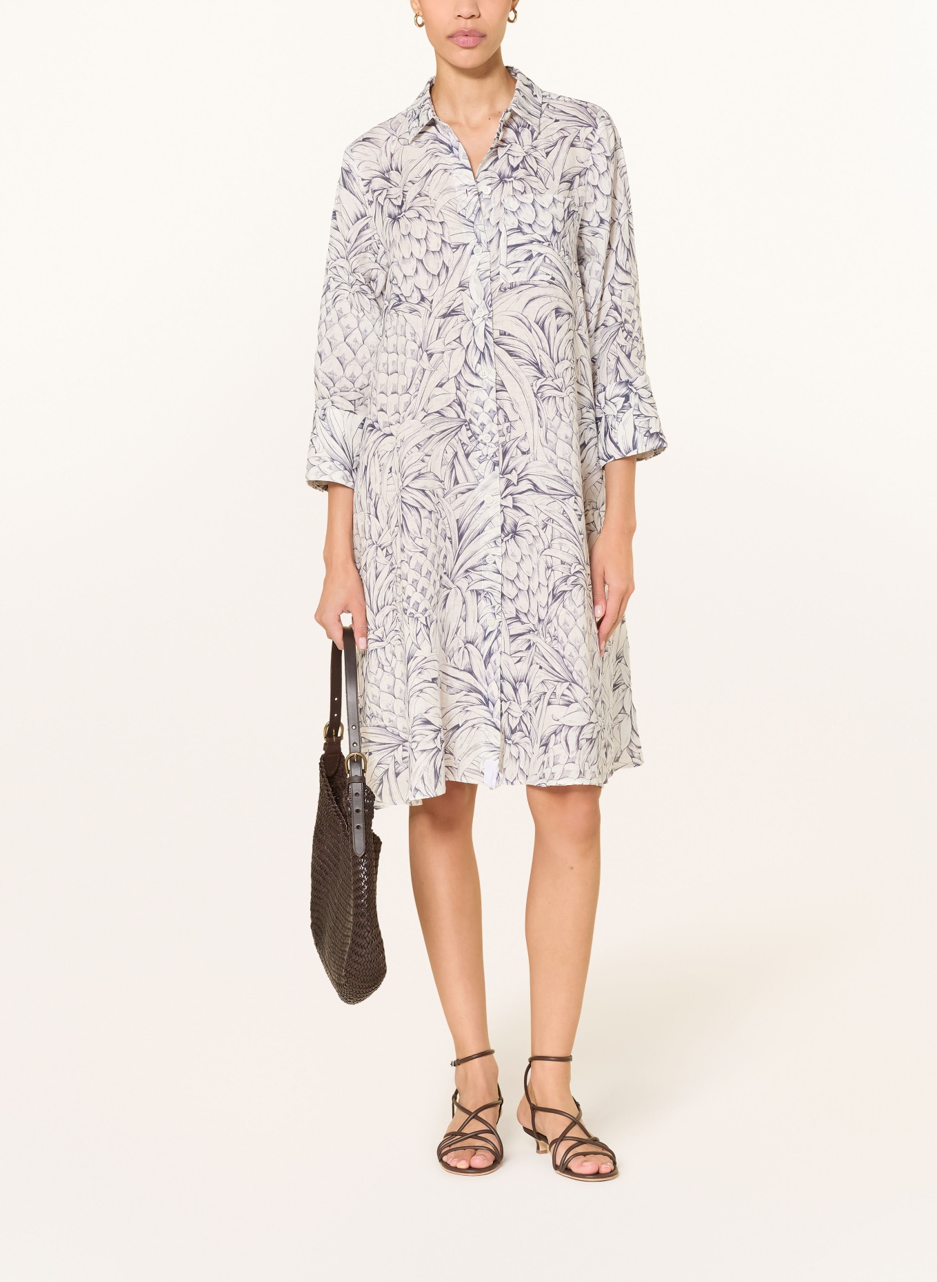 ROBERT FRIEDMAN Lněné šaty s 3/4 rukávy: KRÉMOVÁ / TMAVĚ MODRÁ