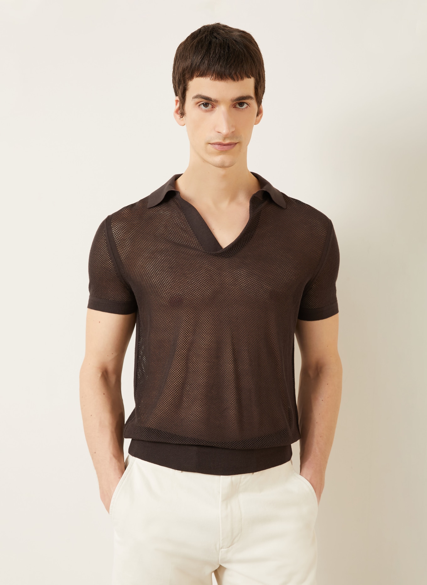 TOM FORD Knitted polo shirt with silk: DARK BROWN