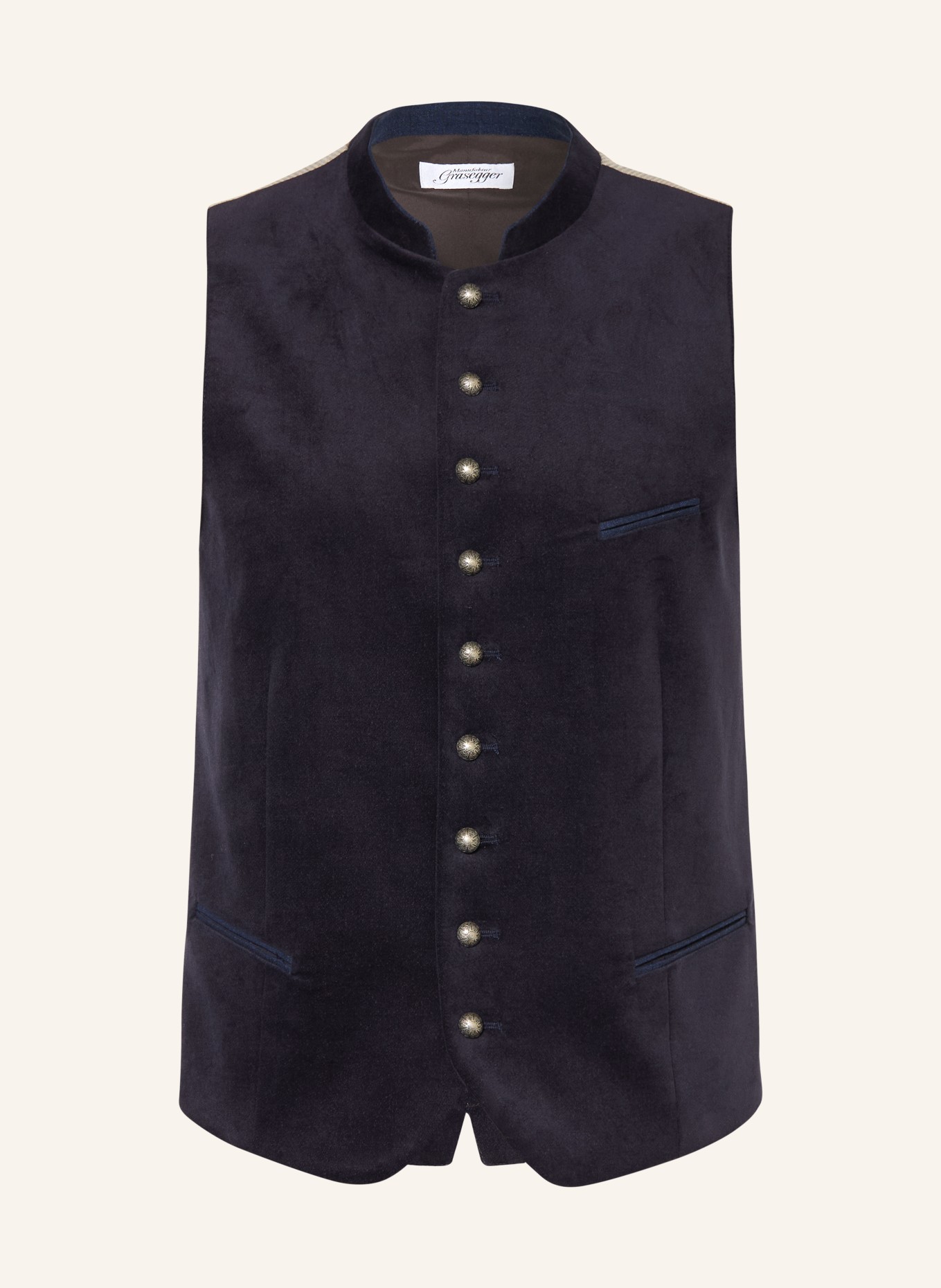 Grasegger KREUZER traditional velvet vest: DARK BLUE / TAUPE