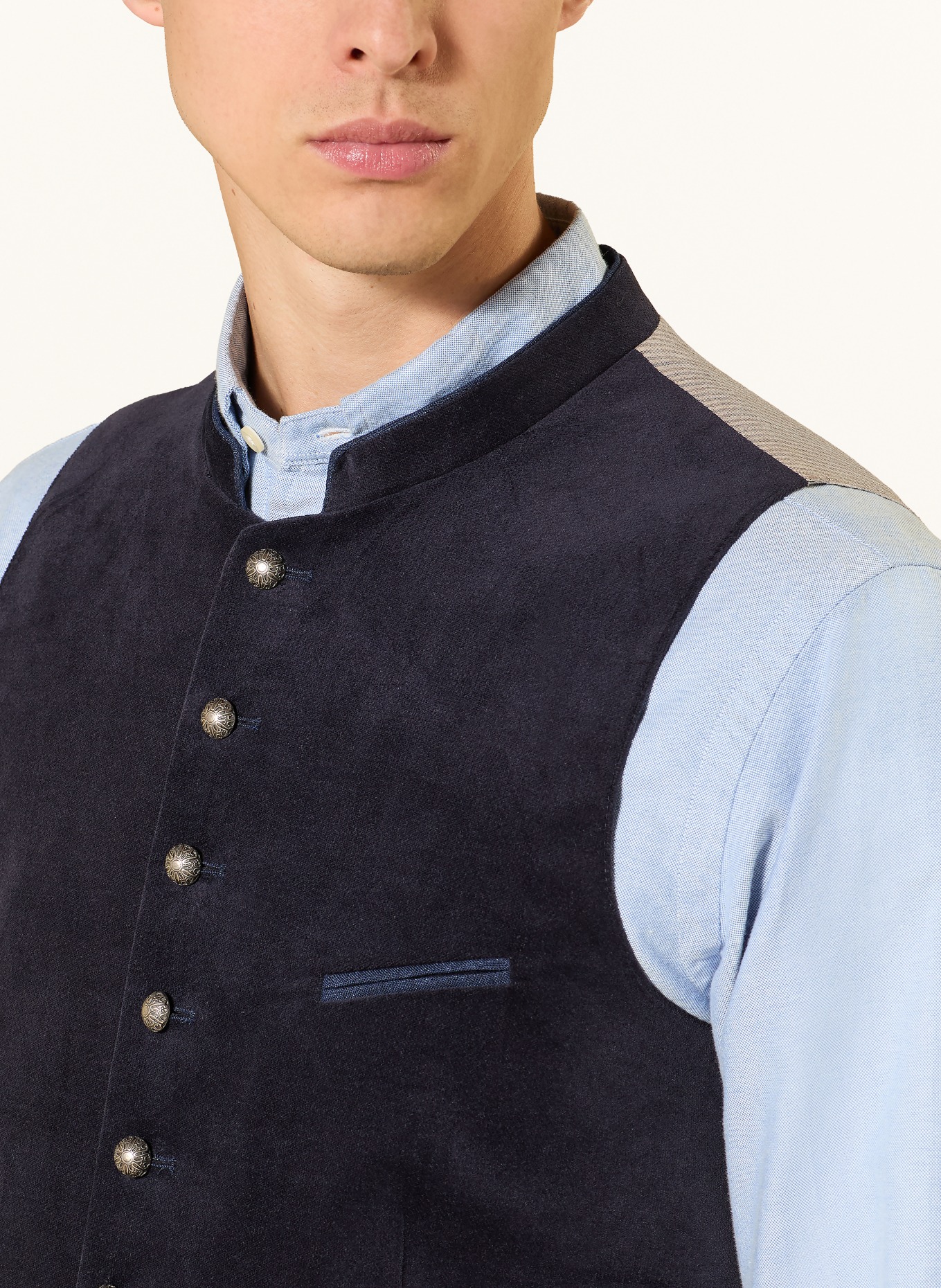Grasegger KREUZER traditional velvet vest: DARK BLUE / TAUPE
