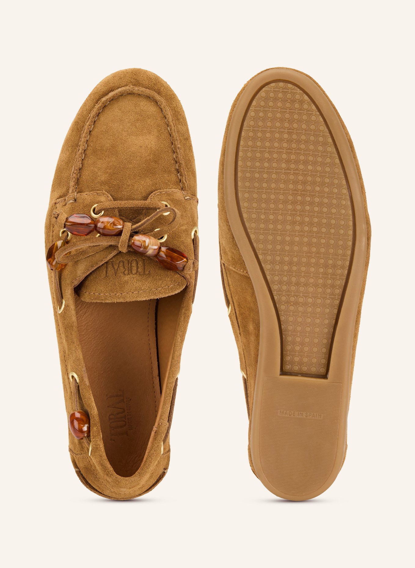 Toral NAHUAA boat shoes with decorative pearls: COGNAC