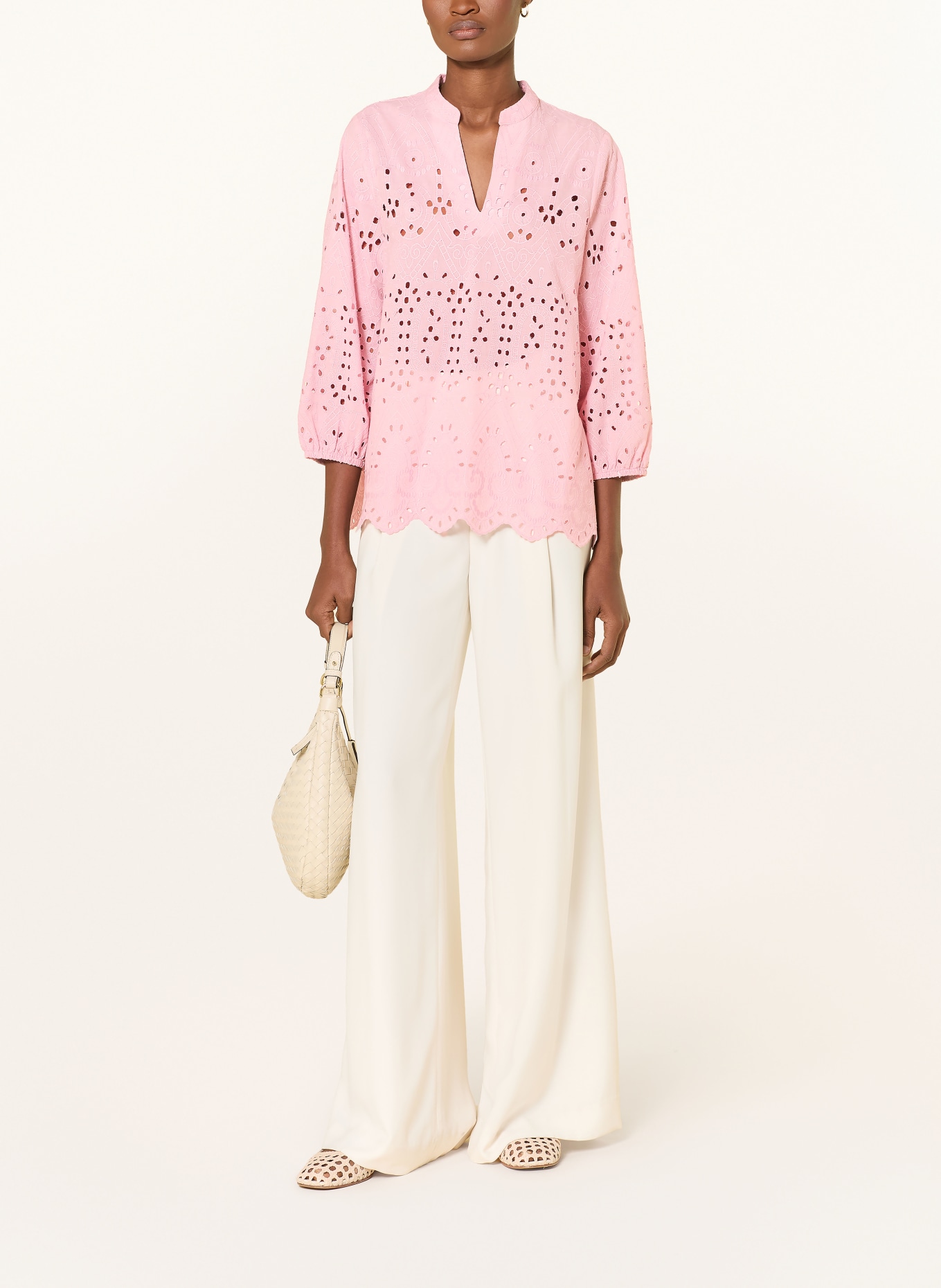 MORE & MORE Blouse van opengewerkte kant met 3/4-mouwen: ROSÉ