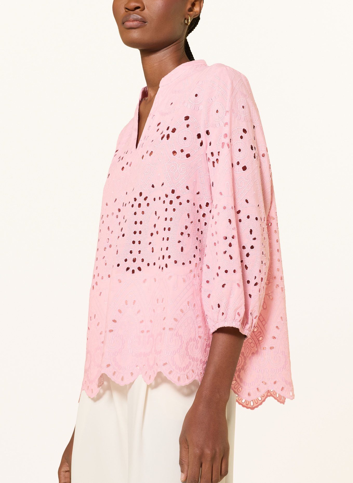 MORE & MORE Blouse van opengewerkte kant met 3/4-mouwen: ROSÉ