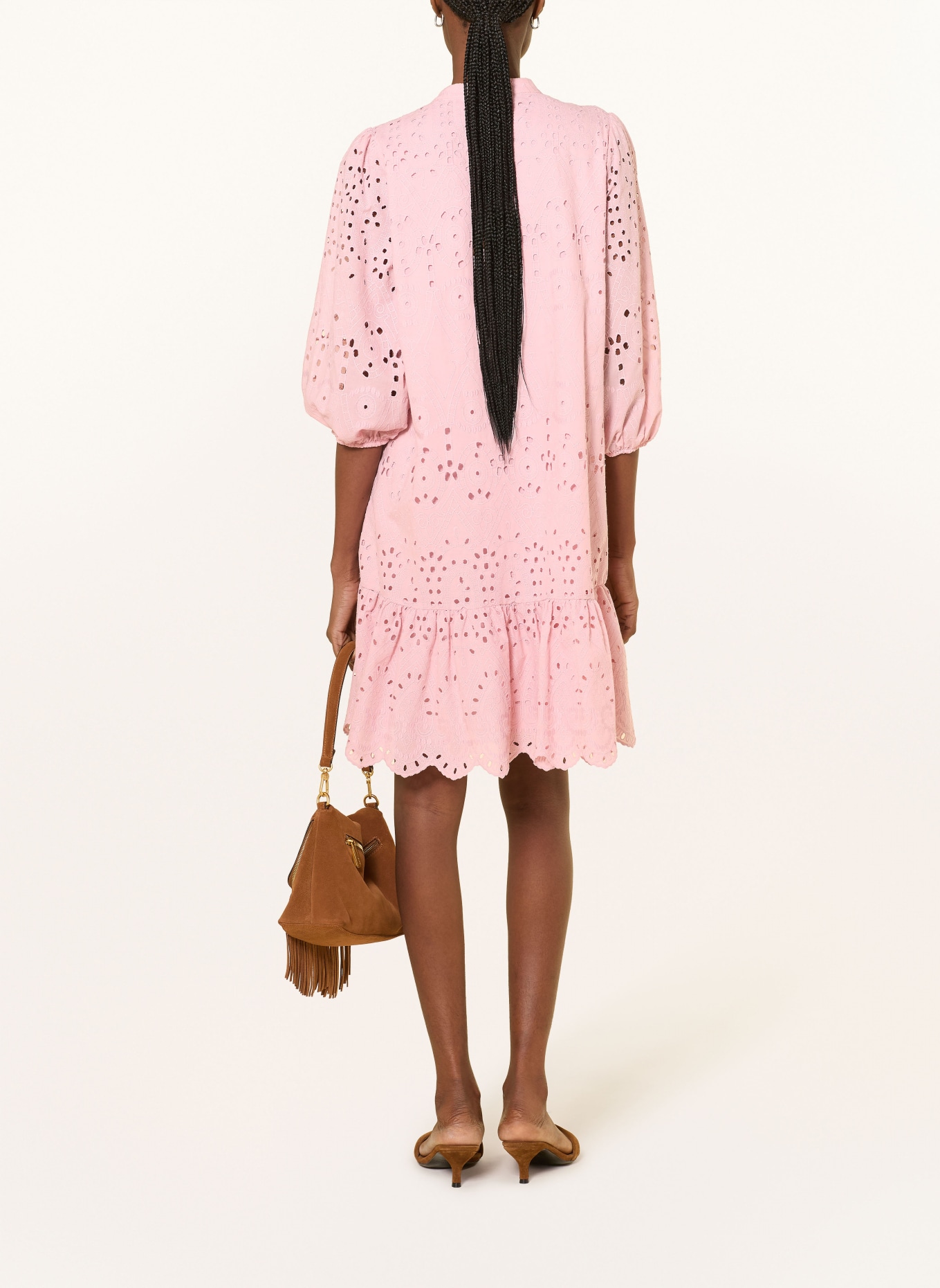 MORE & MORE Jurk van opengewerkte kant met 3/4-mouwen: ROSÉ