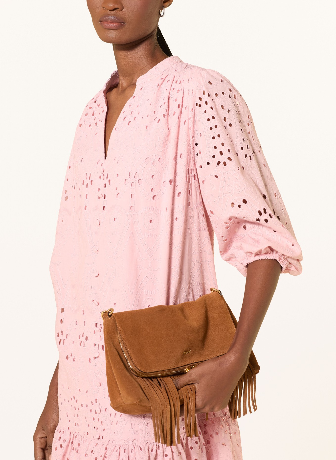 MORE & MORE Jurk van opengewerkte kant met 3/4-mouwen: ROSÉ