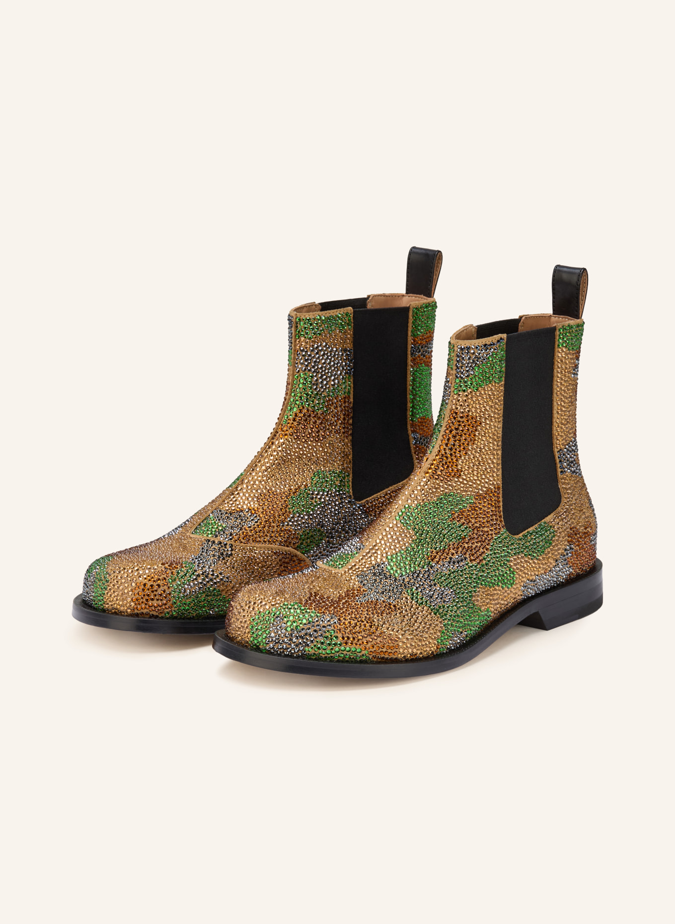 JW ANDERSON Chelsea-Boots mit Schmucksteinen: BEIGE / GRÜN / DUNKELBLAU