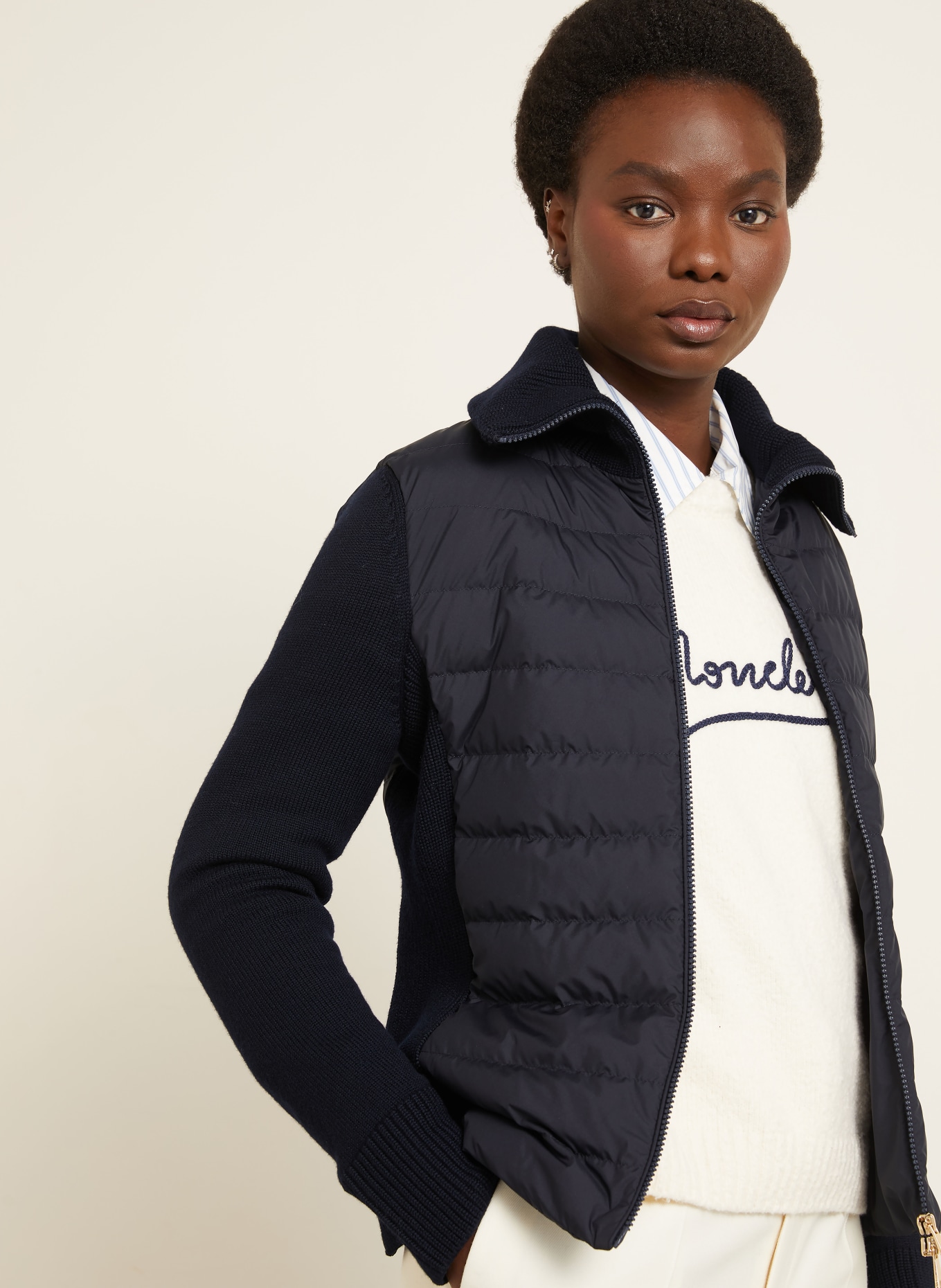 MONCLER Lightweight-Daunenjacke im Materialmix: DUNKELBLAU