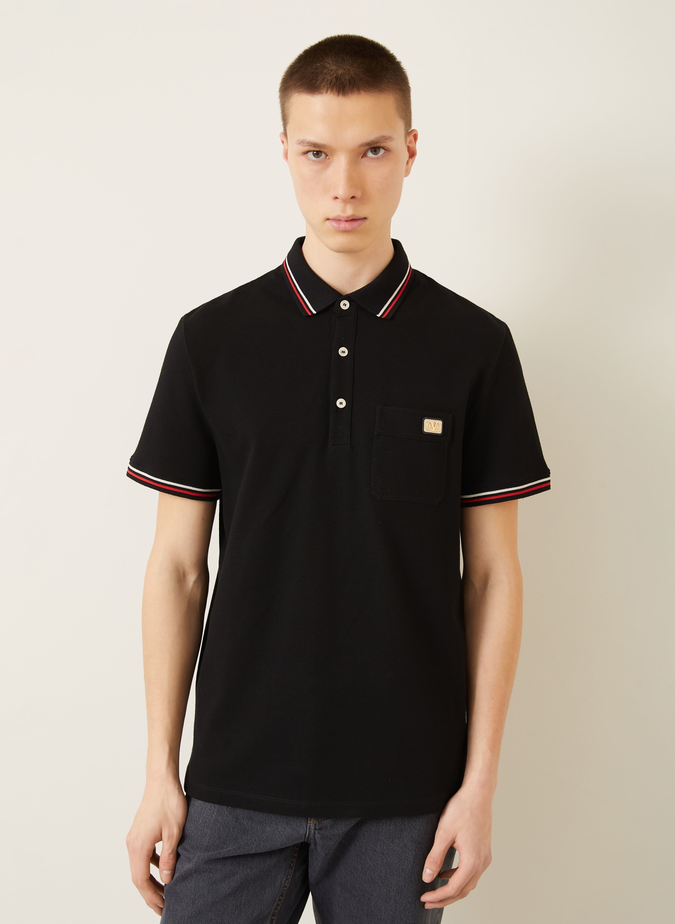 VALENTINO Piqué-Poloshirt: SCHWARZ / ROT / WEISS