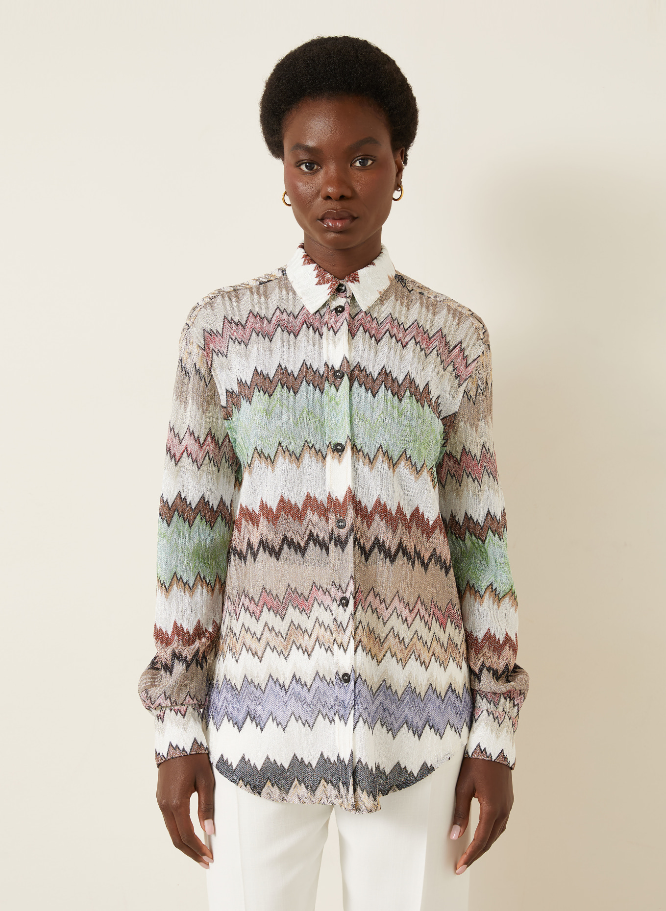 MISSONI Strickbluse mit Glitzergarn: WEISS / BRAUN / HELLGRÜN