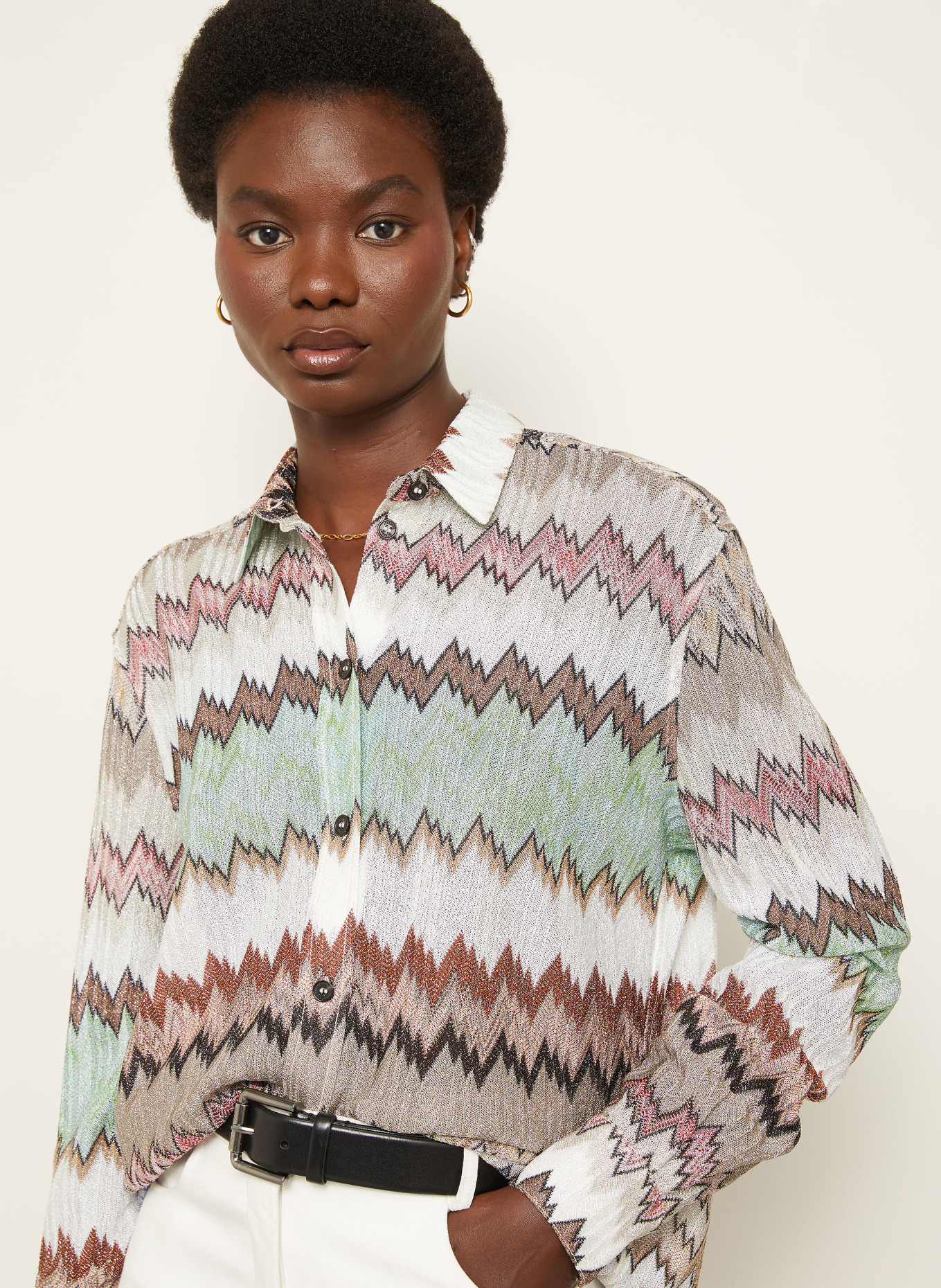 MISSONI Strickbluse mit Glitzergarn: WEISS / BRAUN / HELLGRÜN