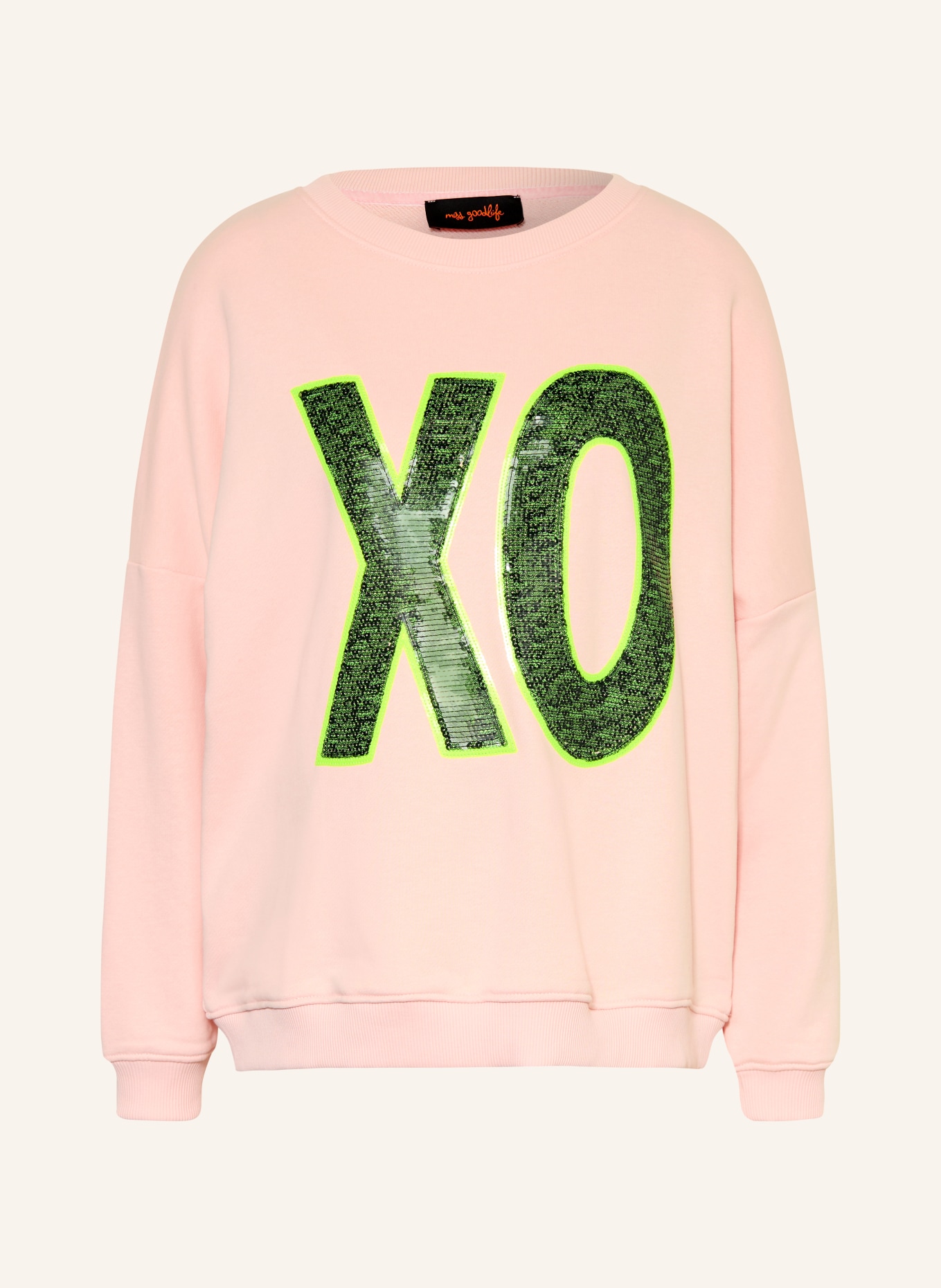 miss goodlife Oversized mikina s flitry: BARVA RŮŽOVÉHO ZLATA / NEONOVĚ ŽLUTÁ / TMAVĚ ZELENÁ