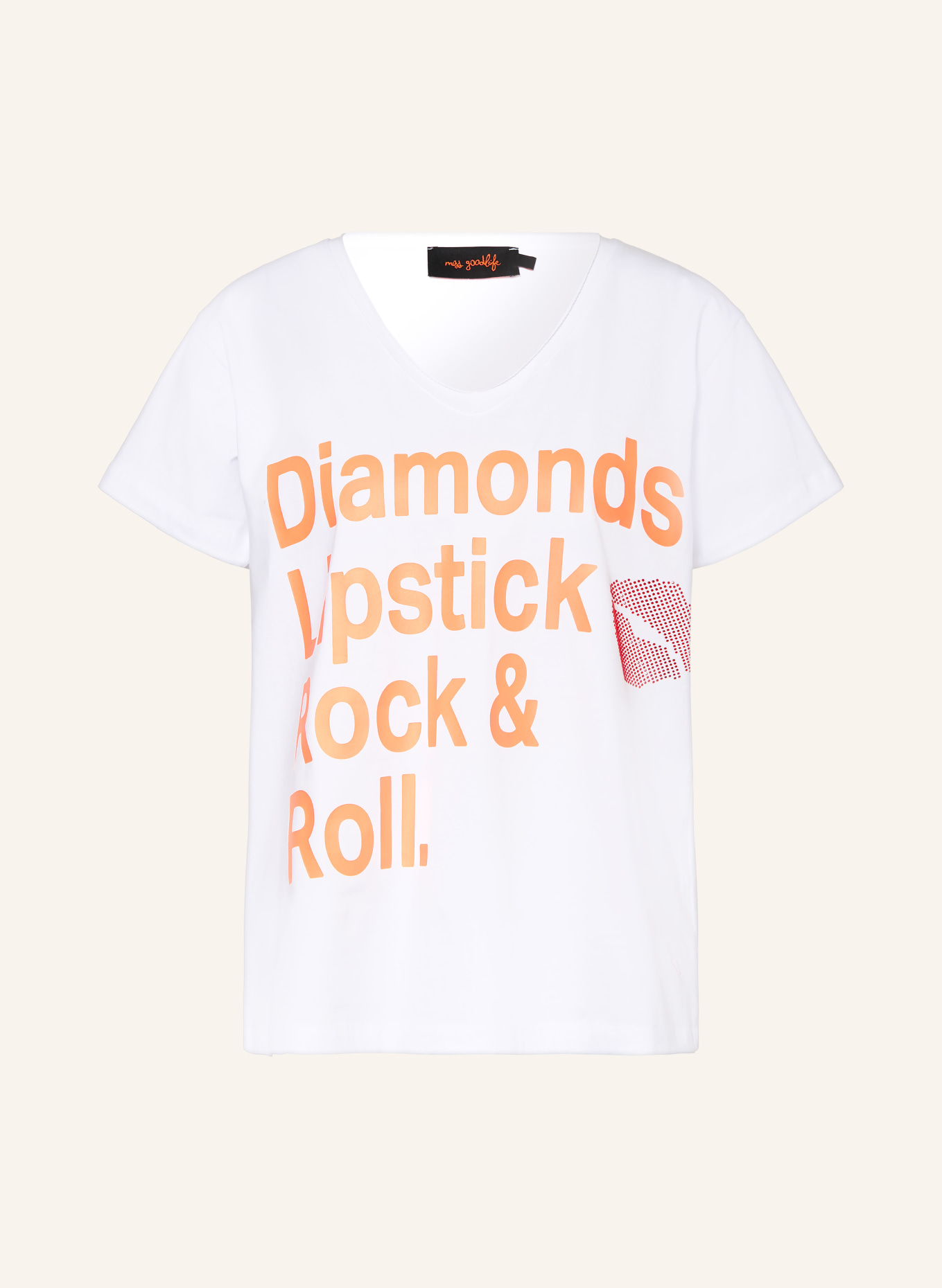 miss goodlife T-shirt avec pierres précieuses: BLANC / ROUGE FONCÉ / ORANGE FLUO