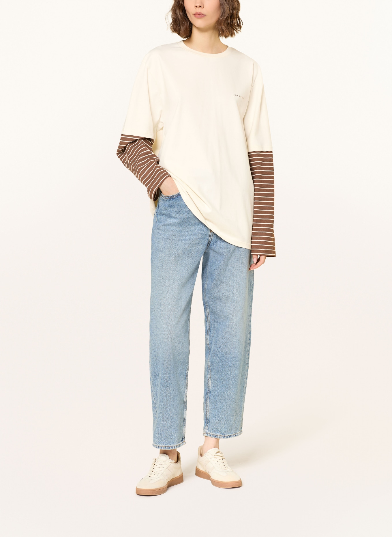 OH APRIL Oversized long-sleeved shirt: ECRU / BROWN