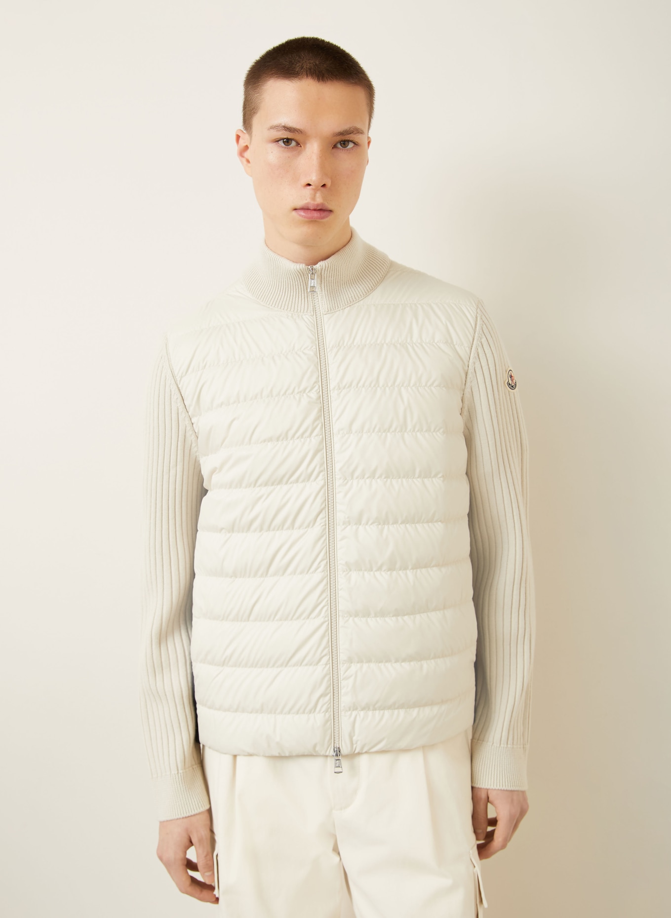 MONCLER Daunenjacke im Materialmix: ECRU / DUNKELBLAU