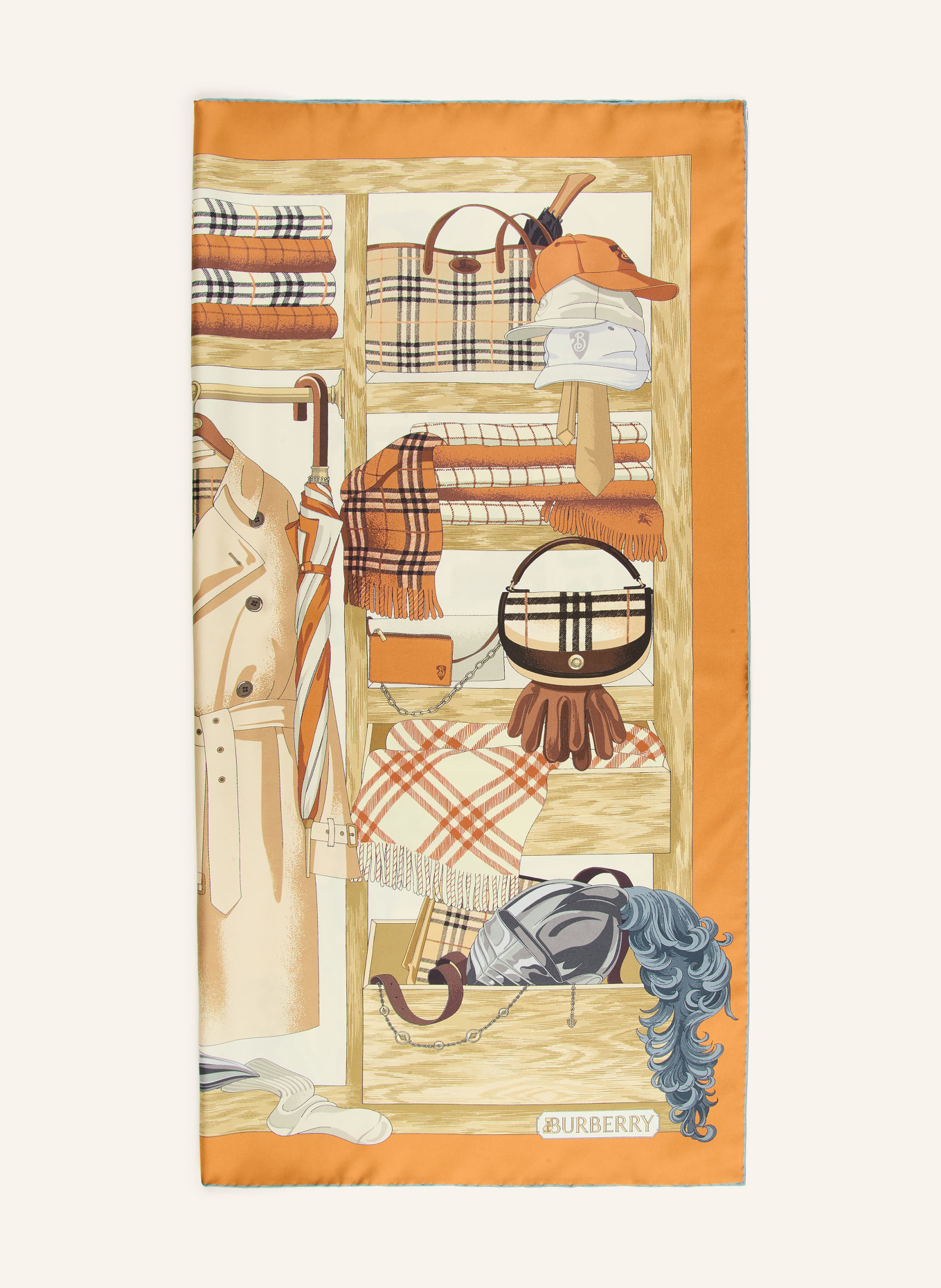 BURBERRY foulard en soie: ORANGE / MARRON CLAIR / BLEU GRIS