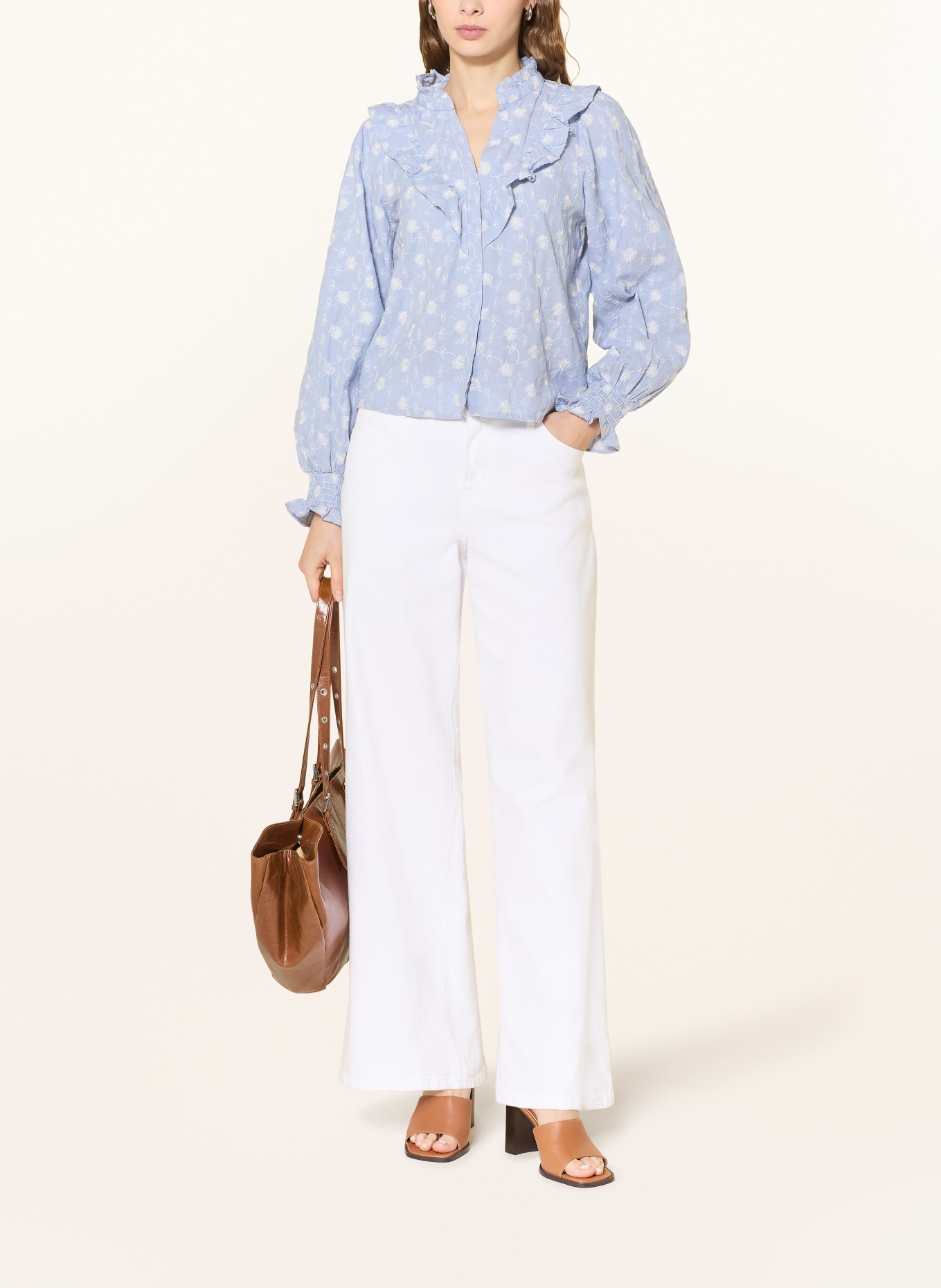 NEO NOIR DEGAS blouse with ruffles: LIGHT BLUE / WHITE
