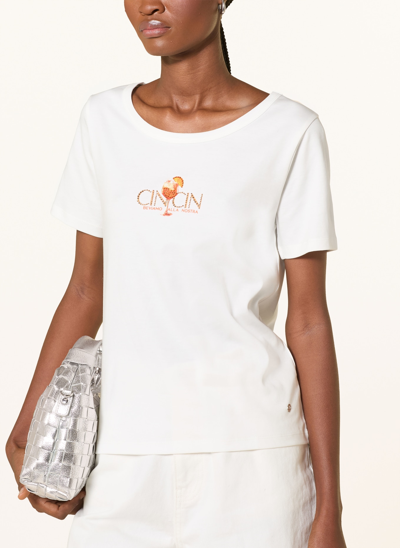 monari T-shirt with gemstones: WHITE / ORANGE