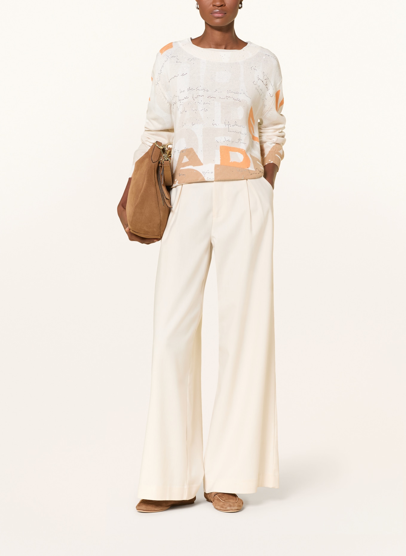 monari Pullover mit Schmucksteinen: BEIGE / ORANGE / WEISS