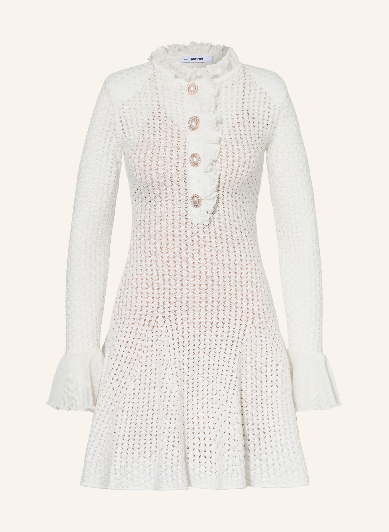 self-portrait Knitted dress with gemstones and ruffles: WHITE