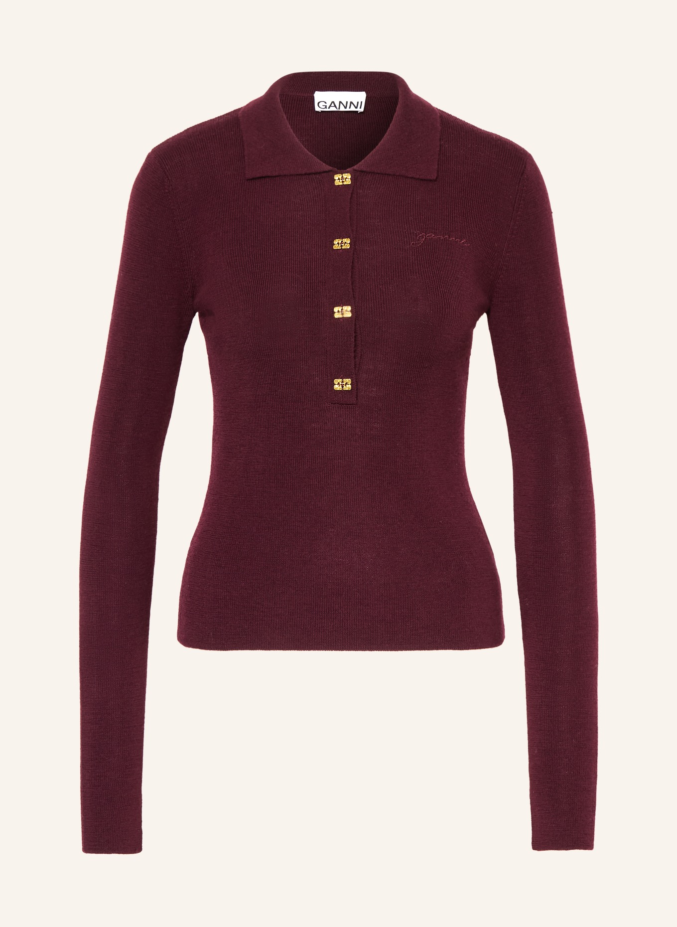 GANNI Strick-Poloshirt: DUNKELROT