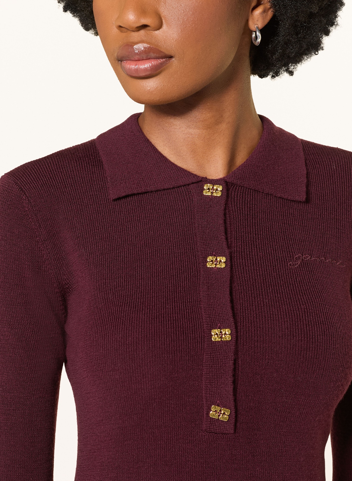 GANNI Strick-Poloshirt: DUNKELROT