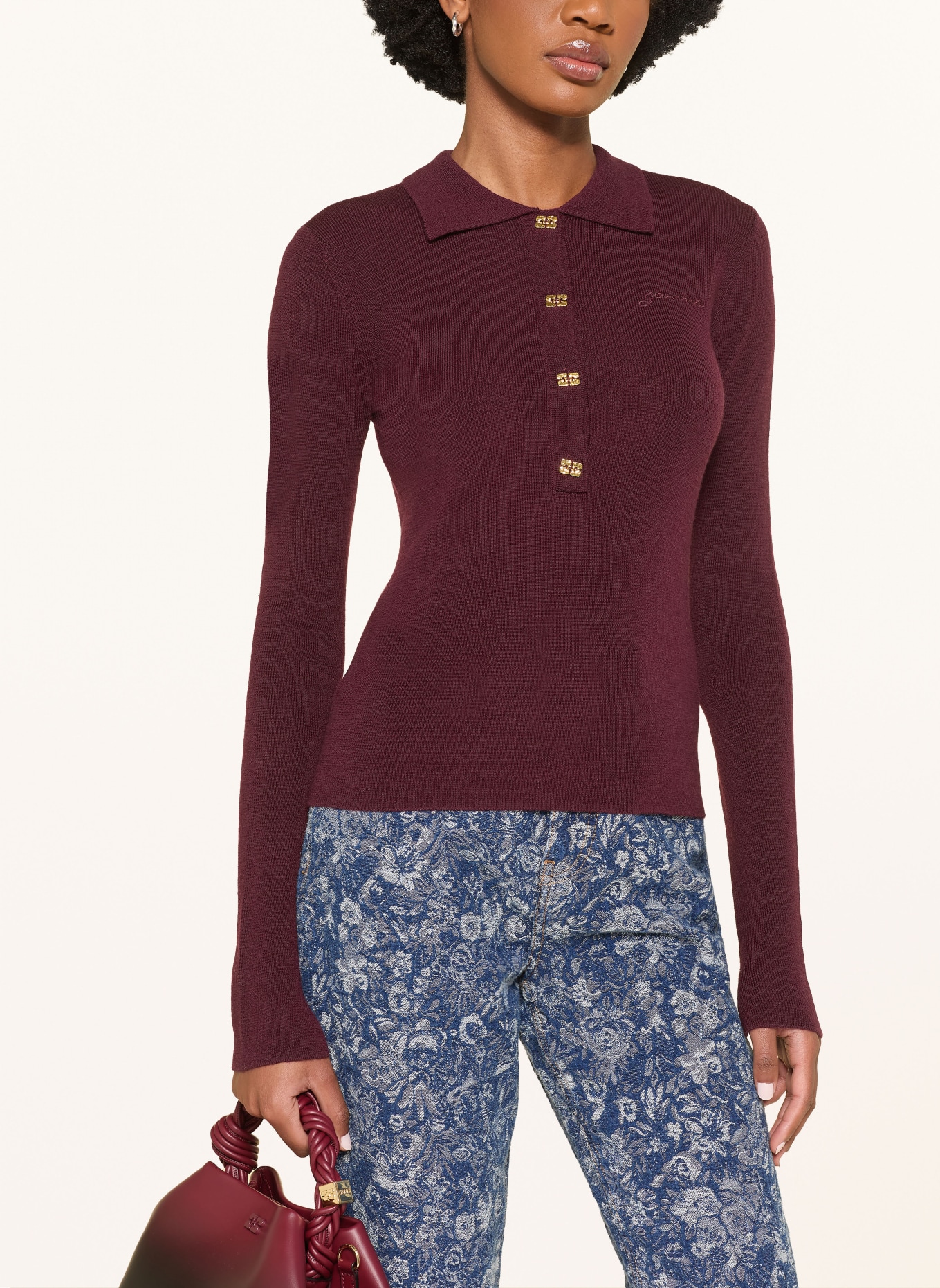 GANNI Strick-Poloshirt: DUNKELROT