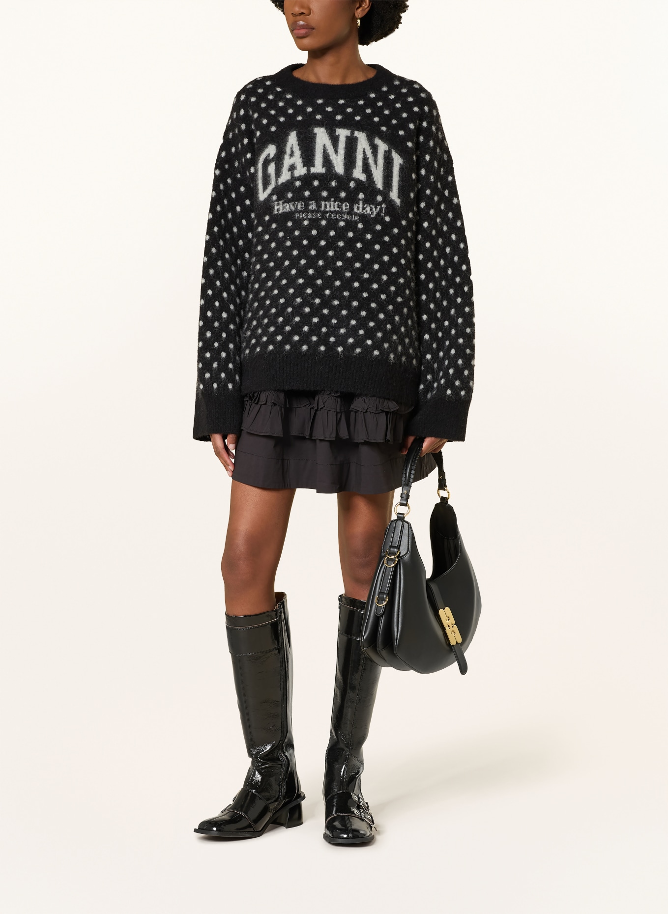 GANNI Oversized svetr s alpakou: ČERNÁ / BÍLÁ
