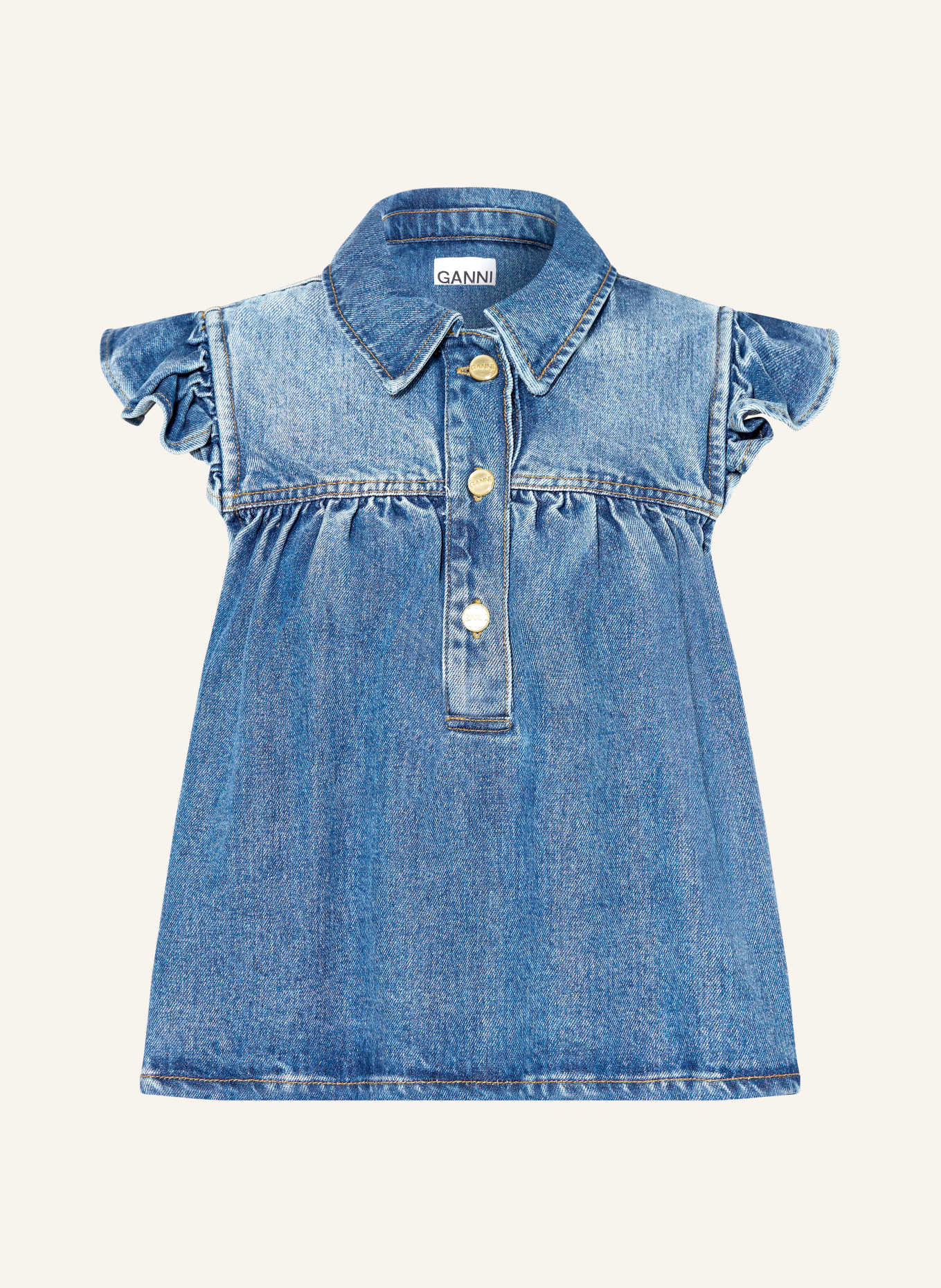 GANNI Jeans top with ruffles: BLUE / WHITE