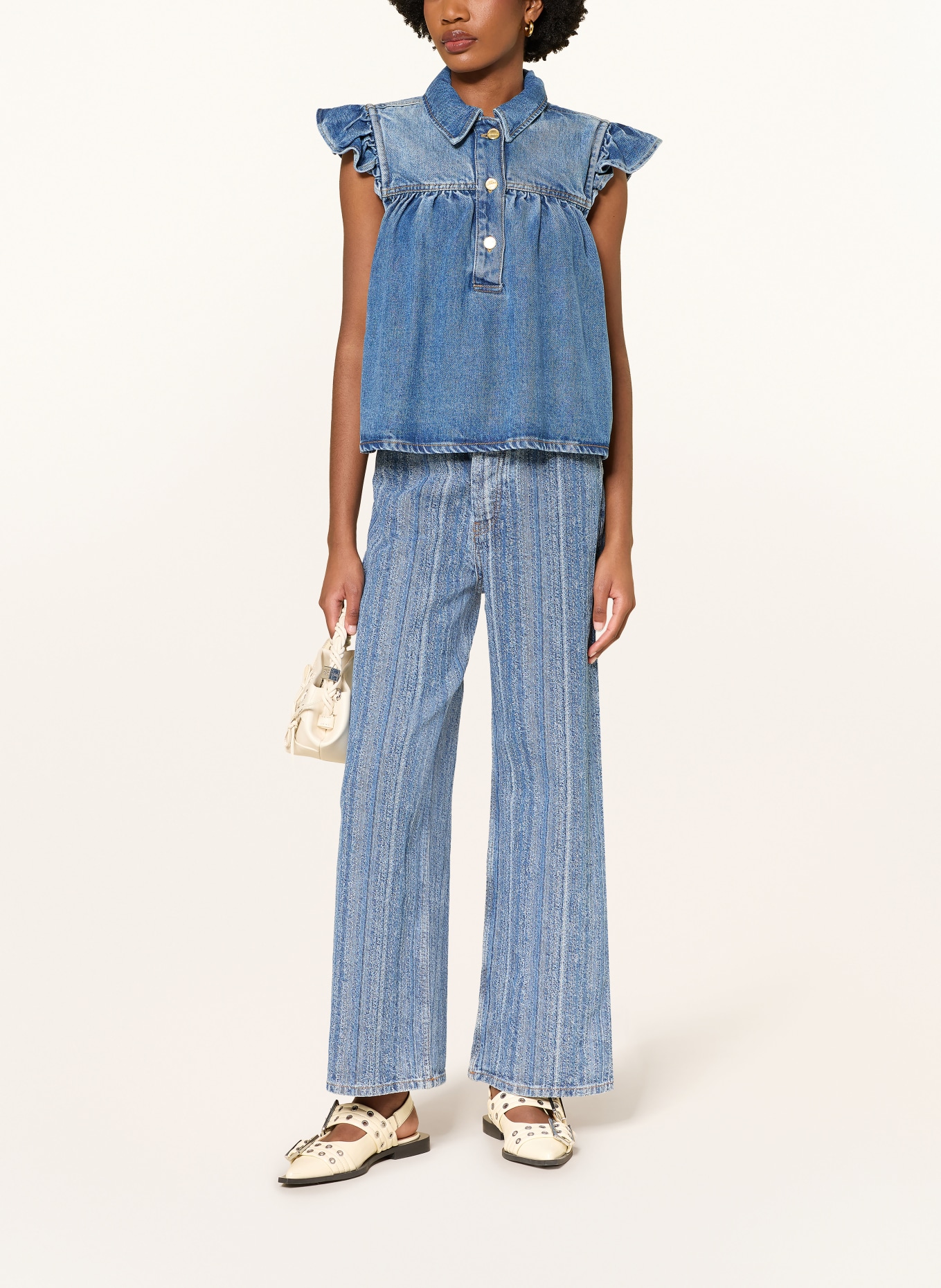GANNI Jeans top with ruffles: BLUE / WHITE