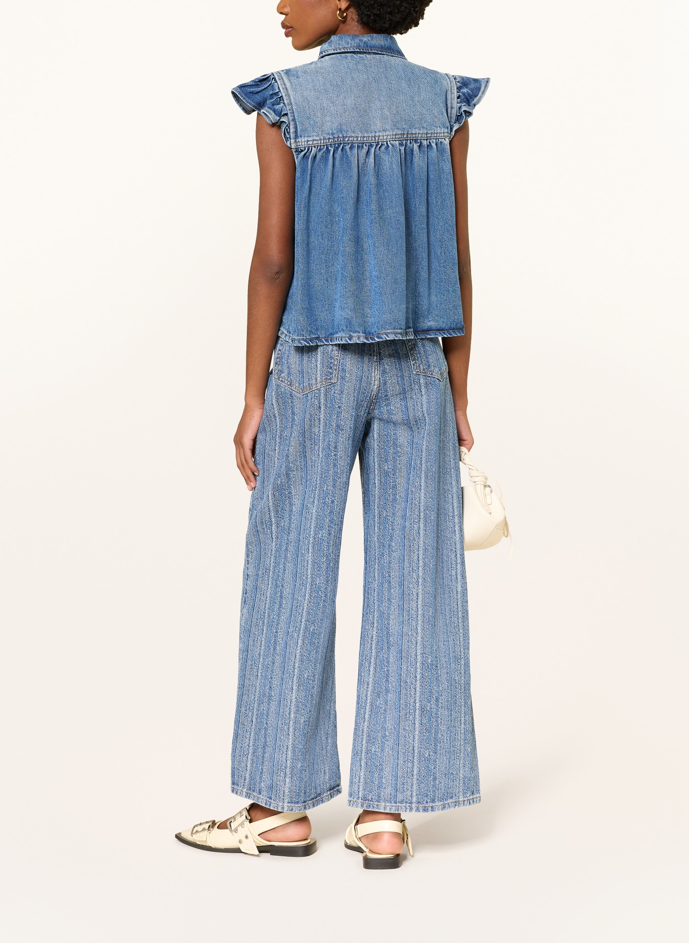 GANNI Jeans top with ruffles: BLUE / WHITE