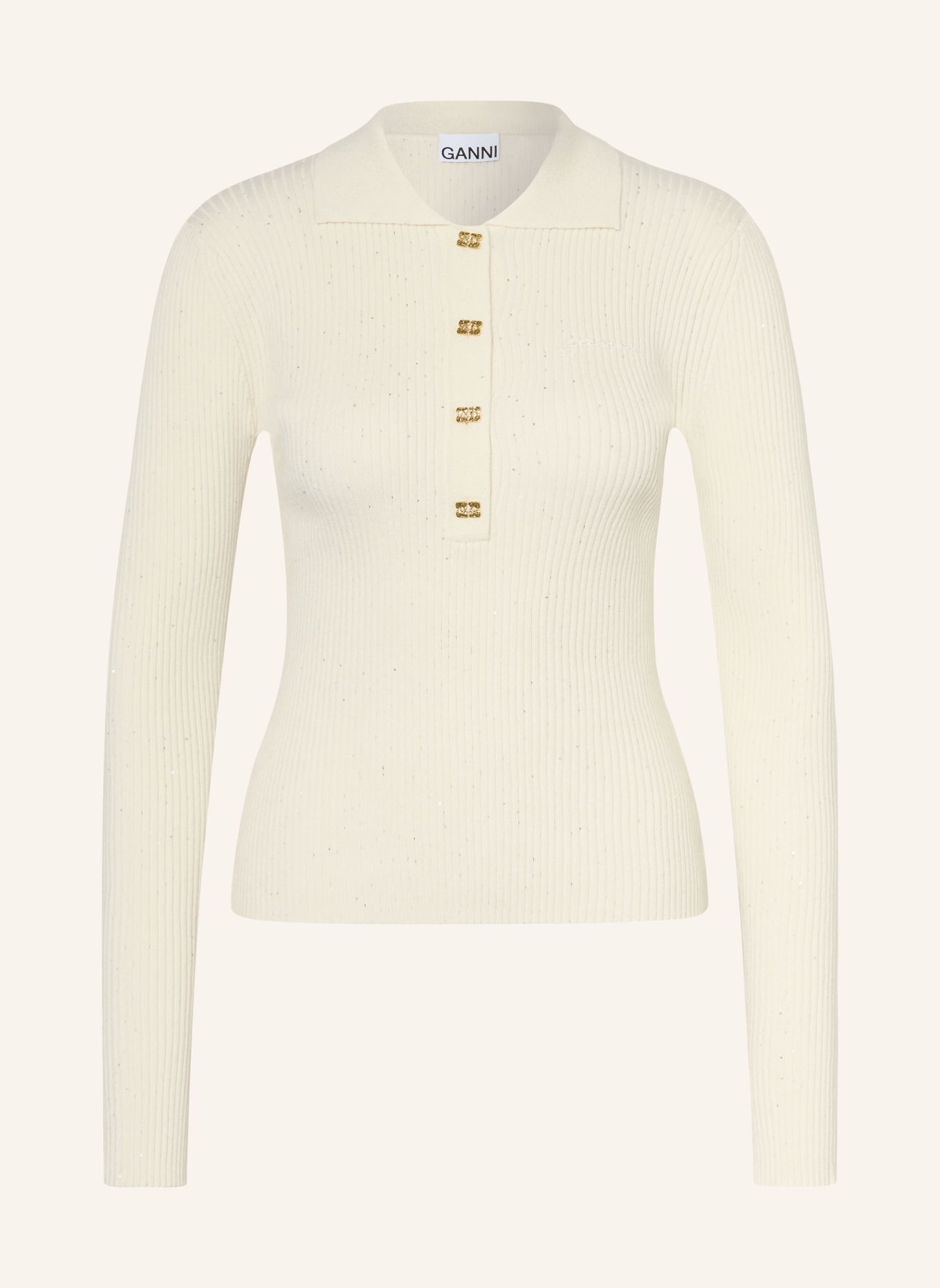 GANNI Knitted polo shirt with sequins: BEIGE