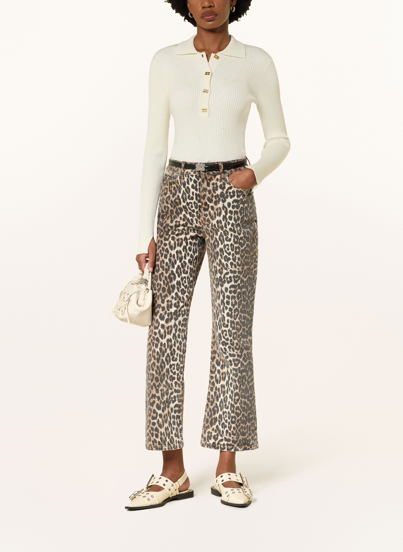 GANNI Knitted polo shirt with sequins: BEIGE