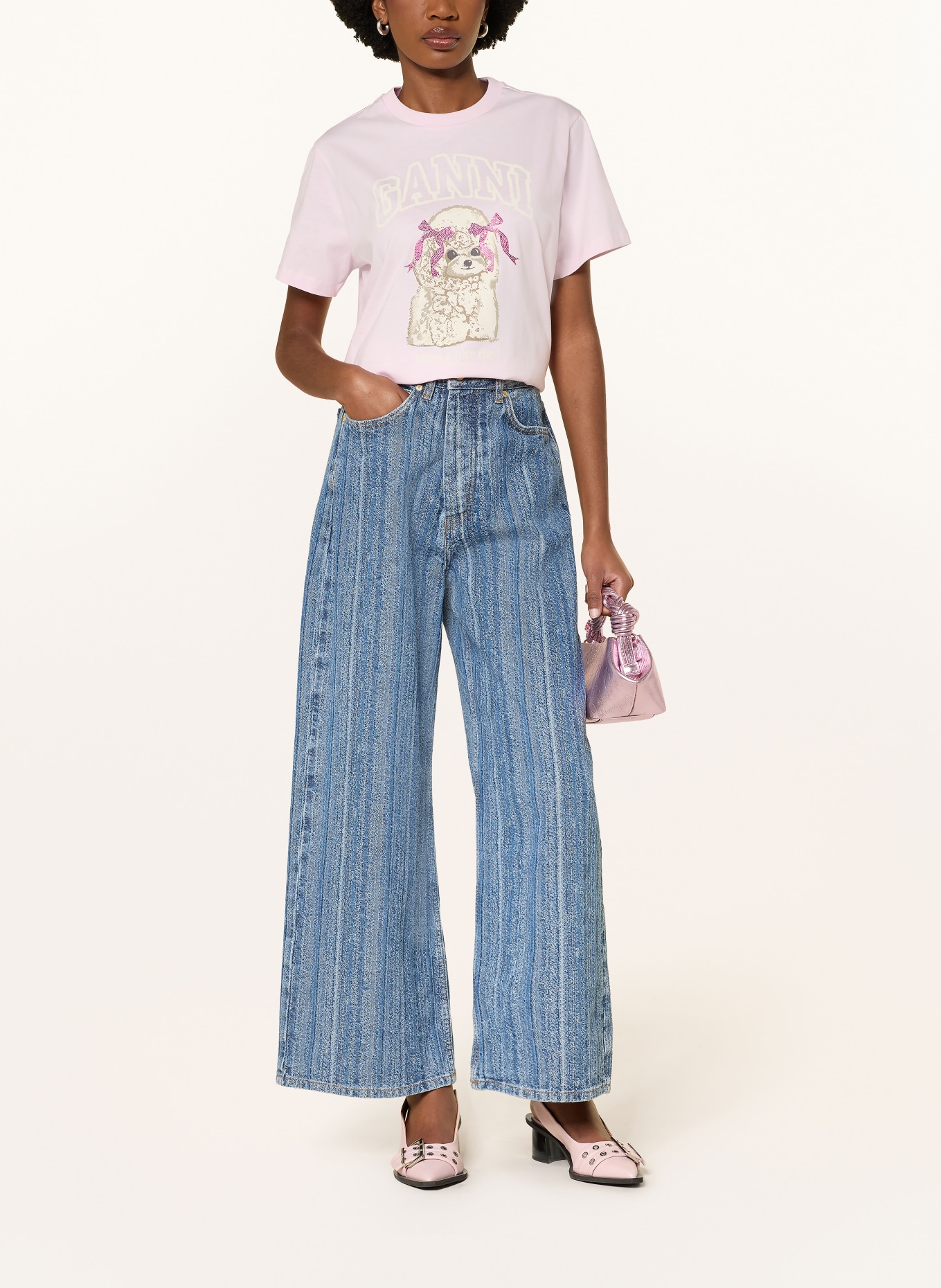 GANNI T-shirt: PINK / BEIGE / CREAM