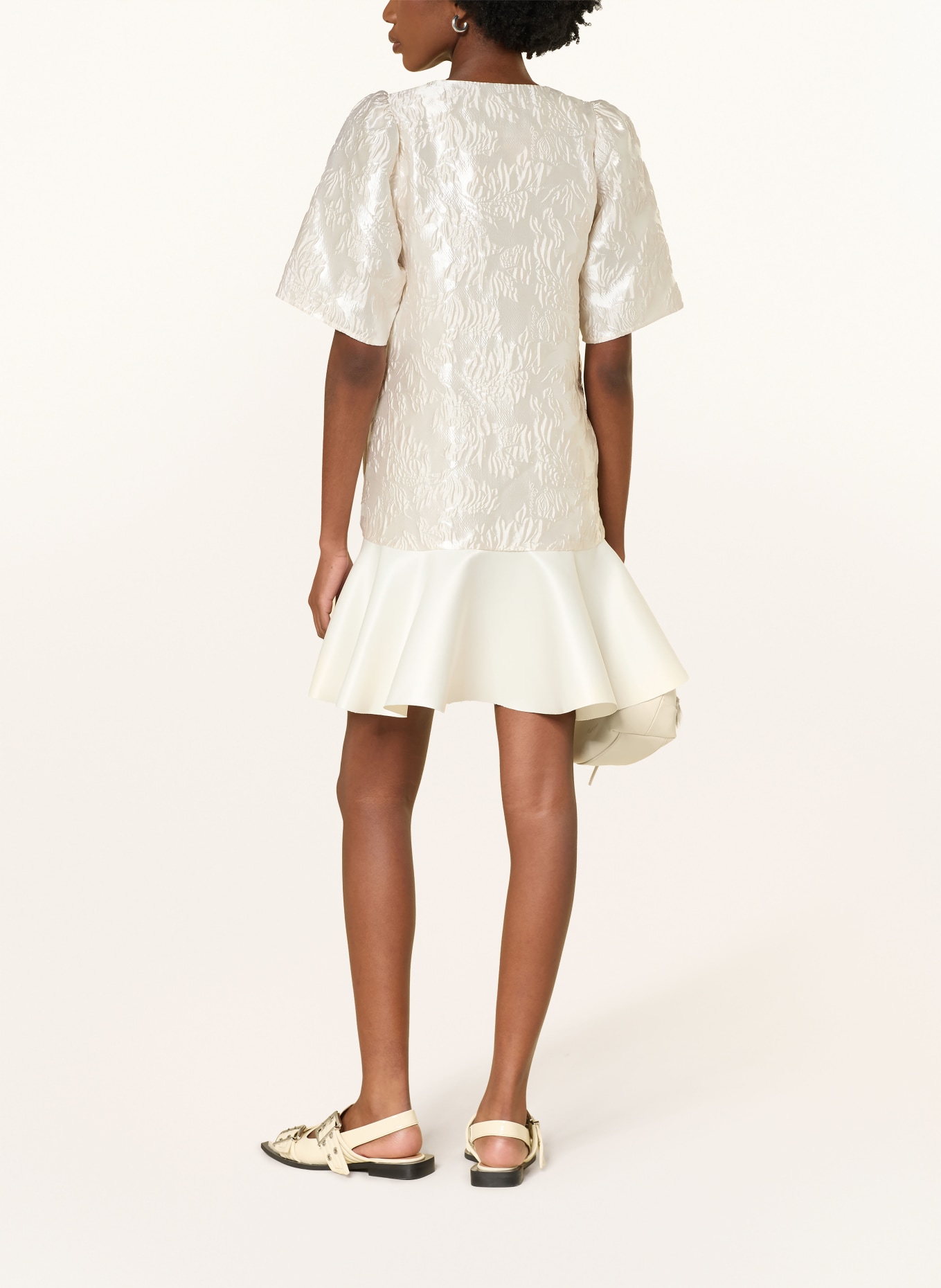 GANNI Dress in a mix of materials with flounces: ECRU