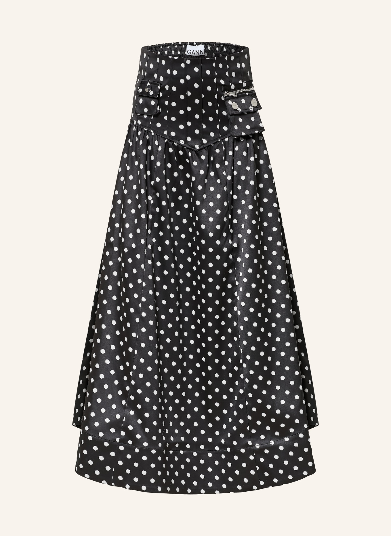 GANNI saténová sukně: ČERNÁ / BÍLÁ